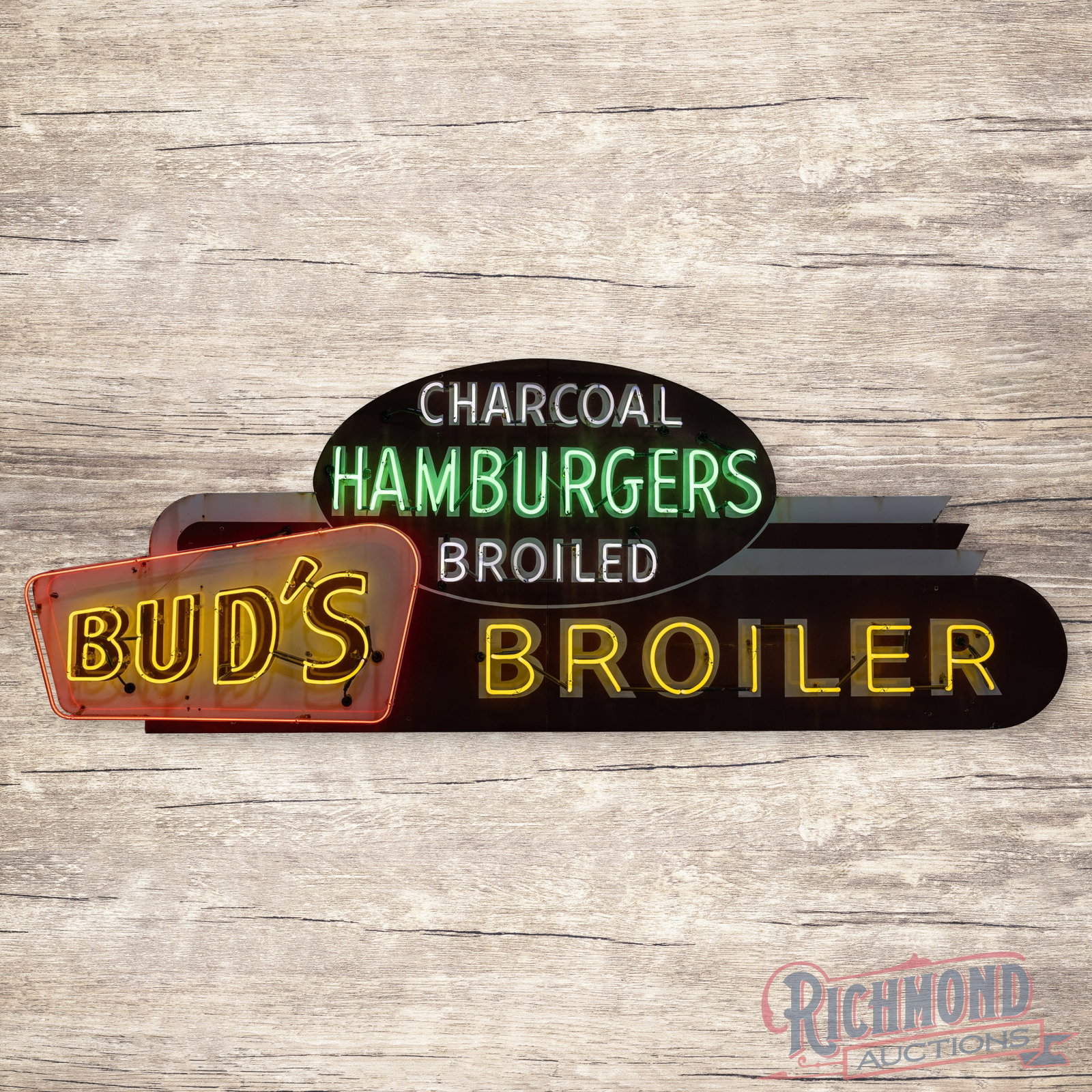 Iconic Bud's Broiler Charcoal Hamburgers Broiled 10' Porcelain Die Cut Factory Neon Sign New Orleans (1 of 4)