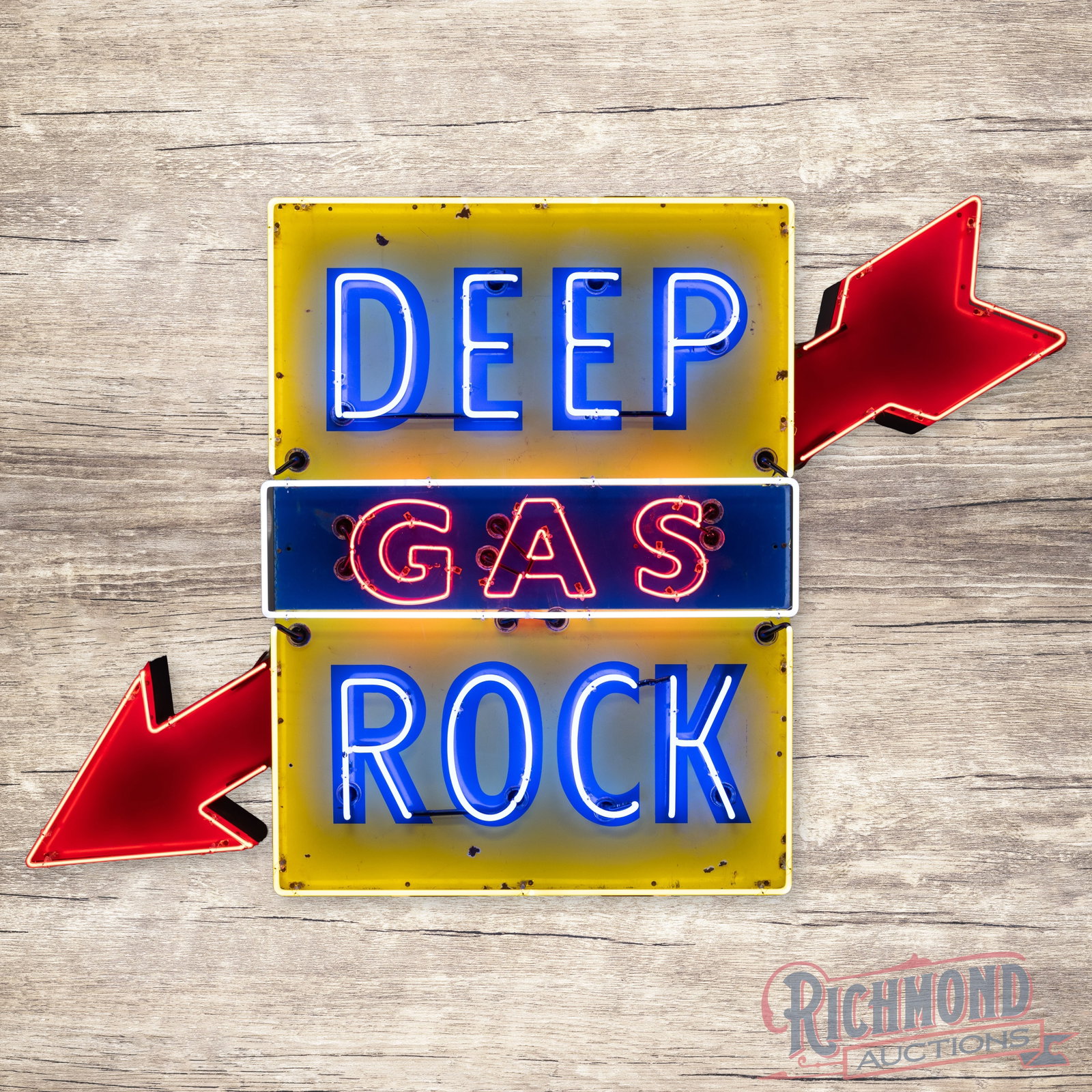 Deep Rock Gasoline 5' Die Cut Single Sided Porcelain Neon Service Station Sign w/ Arrow: SSP (single sided porcelain) die cut sign with added neon and a metal can has very good color and gloss. The sign features four-color neon with added modern flashing arrows. The display has surface we