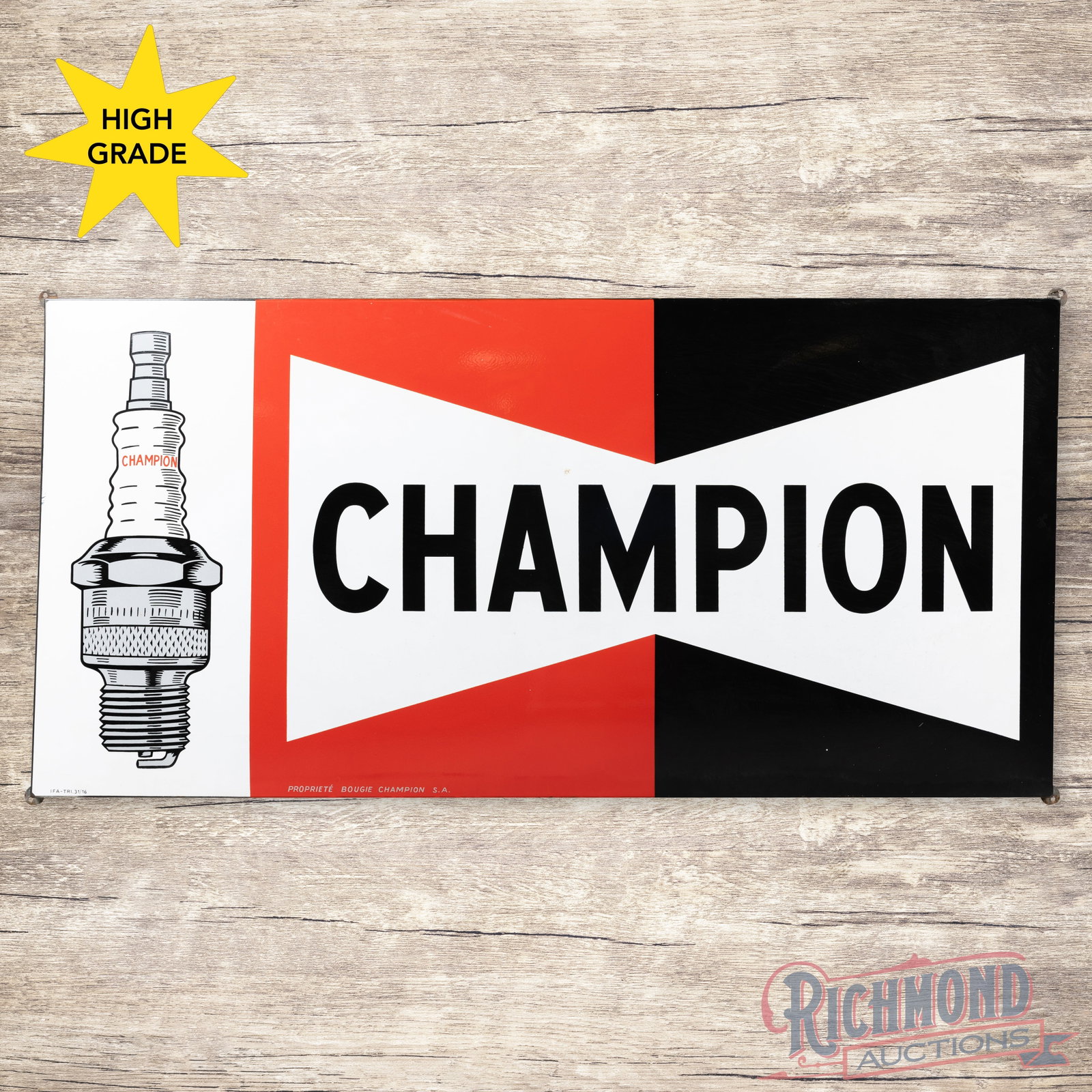 Champion Spark Plugs 6.5' Single Sided Porcelain Sign w/ Logo "Large": SSP (single sided porcelain) rolled-edge sign has excellent color and gloss. The display has two small areas of oxidation with minor spotting to the white porcelain enamel. The perimeter has minor chi