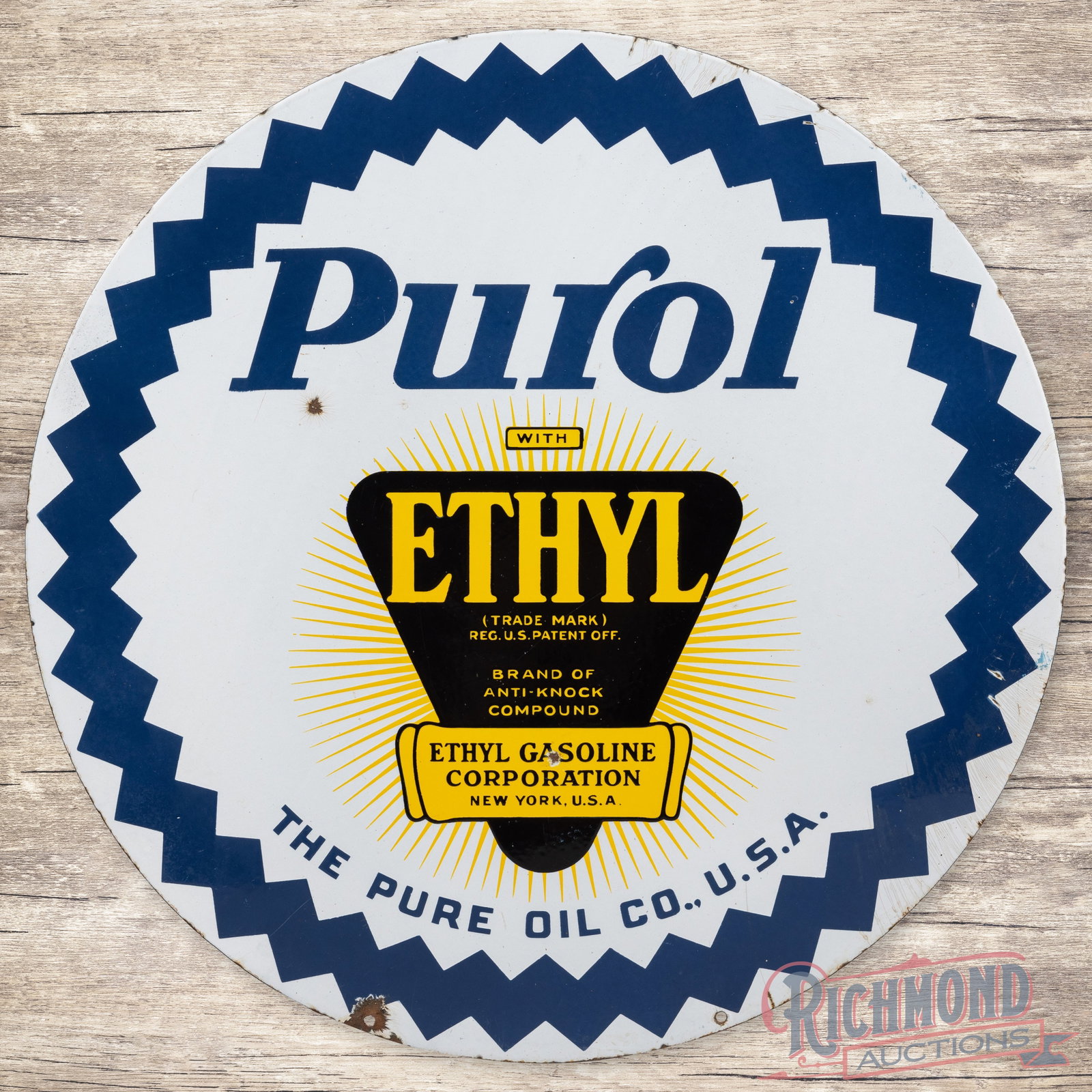 Pure Ethyl Gasoline 30" Double Sided Porcelain Sign w/ Logo: DSP (double sided porcelain) sign has excellent color and gloss. Side #1 has light wear, marks and two small chips in the upper right field. The perimeter has additional chips with crazing along the l