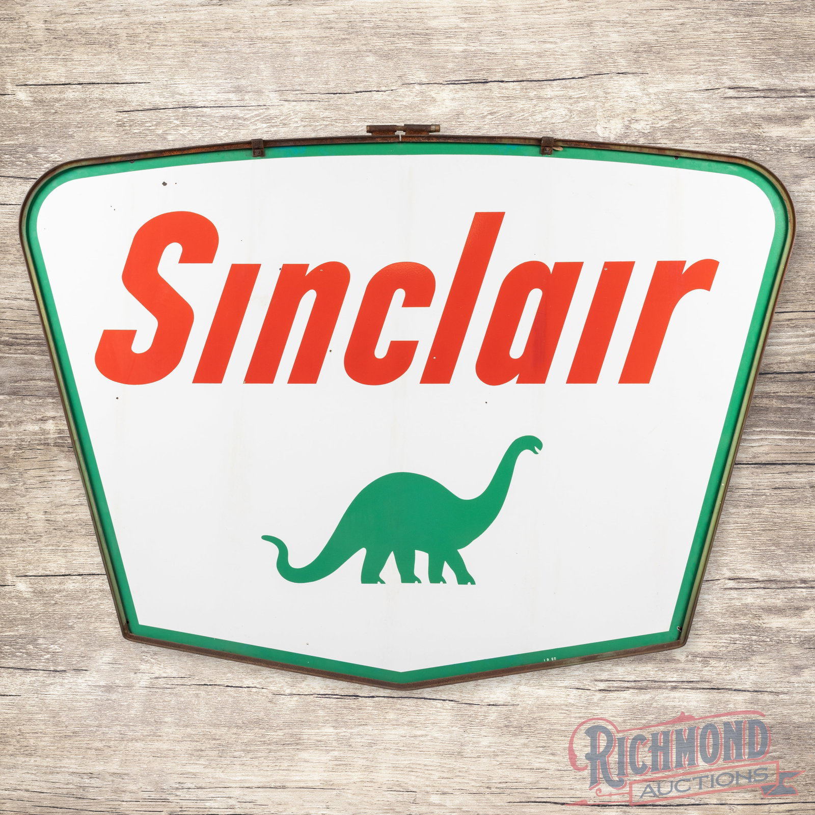 1960 Sinclair Gasoline 7' Double Sided Porcelain ID Sign w/ Dino & Ring: DSP (double sided porcelain) sign with the factory metal ring has excellent color and gloss. Side #1 has light wear, minor discoloration, two tiny chips in the lower field and an eraser-sized chip in 