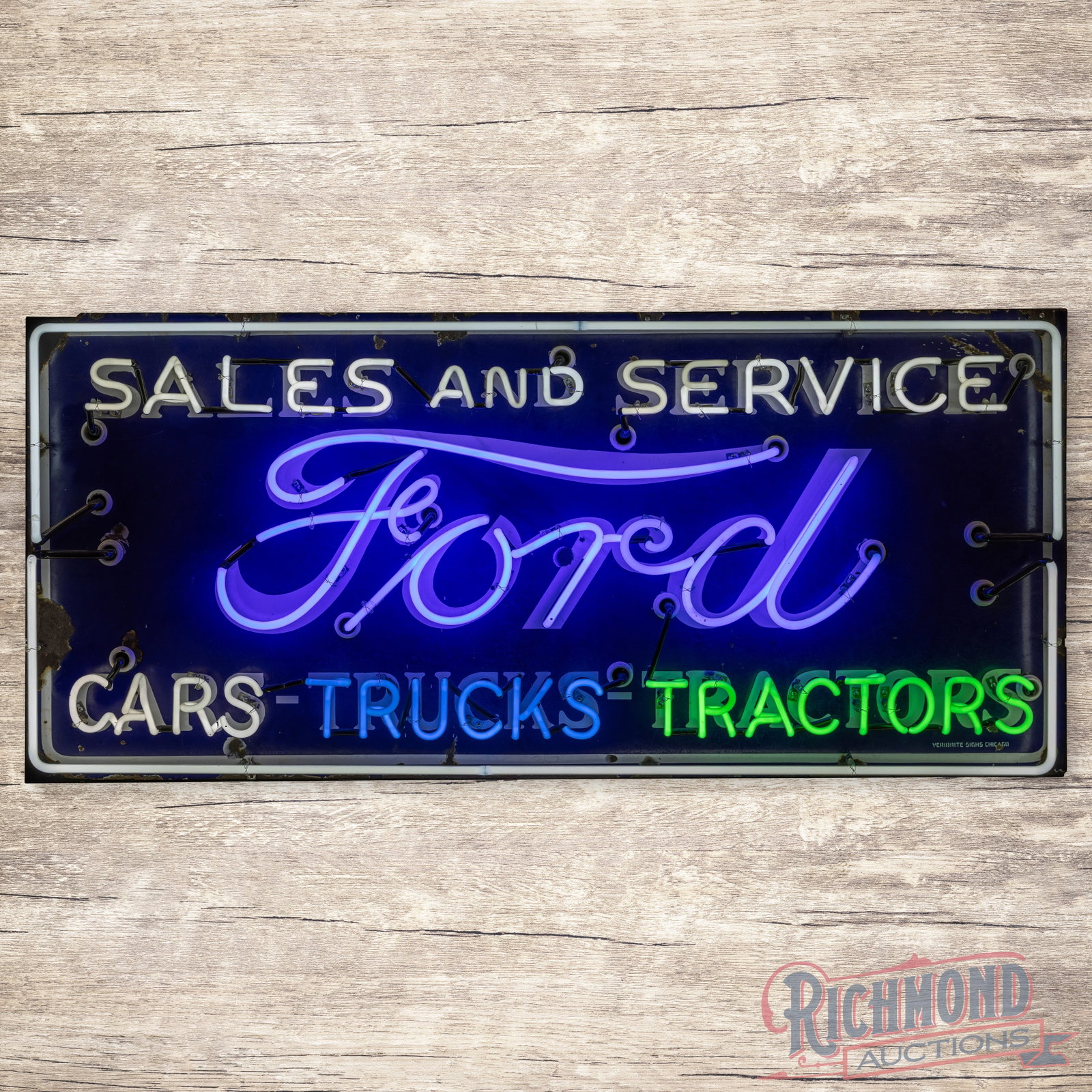 Ford Sales and Service Cars Trucks Tractors 5' Single Sided Porcelain Neon Sign: SSP (single sided porcelain) sign with added neon and a metal can has good color and moderate gloss. The sign features a detailed, vivid three-color neon. The display has surface wear with chips and c