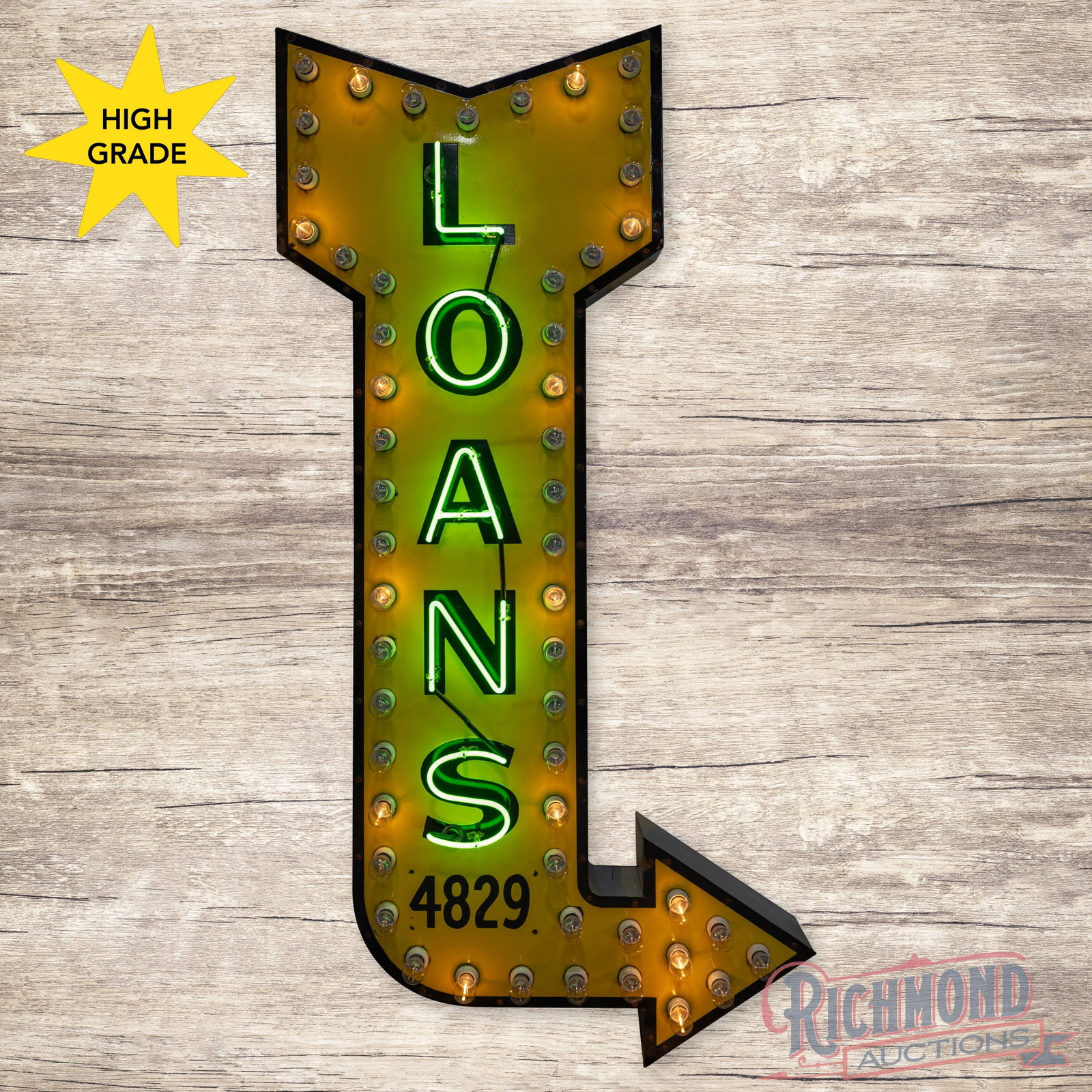 Loans Direction Arrow 6.5' Single Sided Porcelain Factory Neon Sign w/ Chaser Bulbs: SSP (single sided porcelain) die cut factory neon arrow sign with perimeter chaser bulbs has excellent color and gloss. The sign features brilliant green neon with a lighted chaser bulb perimeter. The