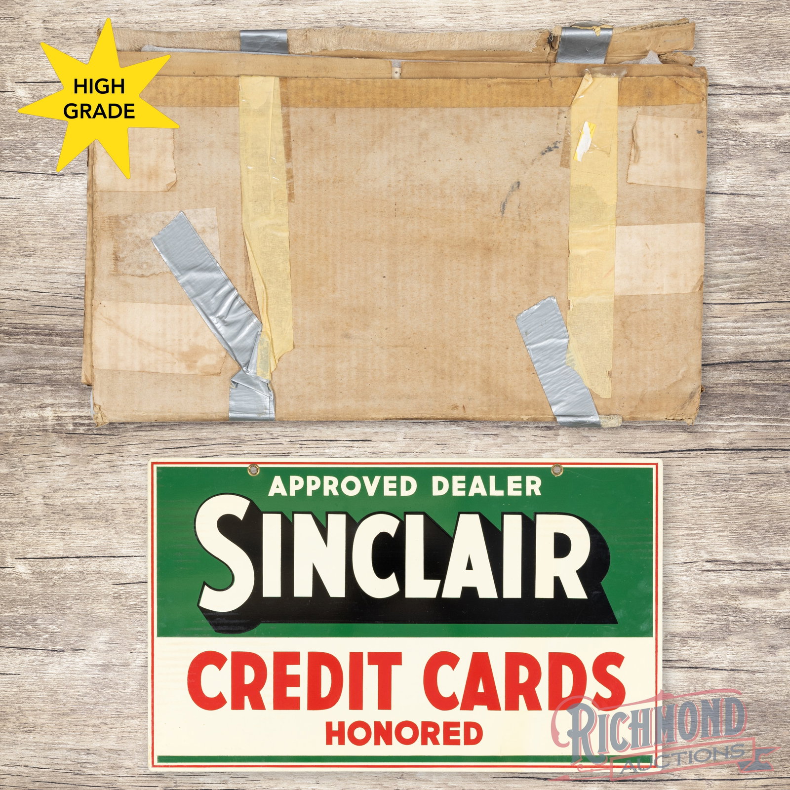 NOS Sinclair Approved Dealer Credit Cards Honored Double Sided Tin Sign w/ Orig. Box: DST (double sided tin) sign with the original shipping box has excellent color and shine. The display has light storage wear with paper marks and toning in the outer fields. The reverse has additional