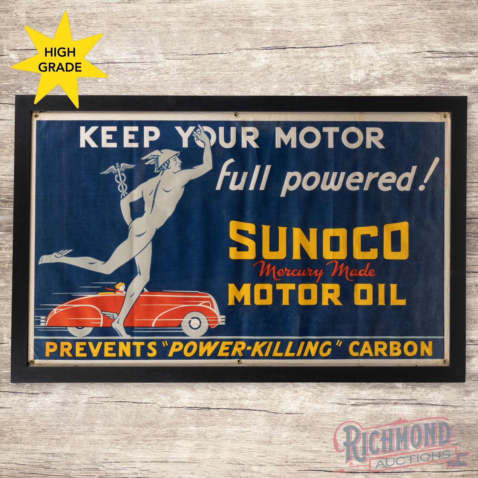 Sunoco Mercury Made Motor Oil Framed Canvas Banner Sign w/ Automobile & Mercury Man (1 of 3)