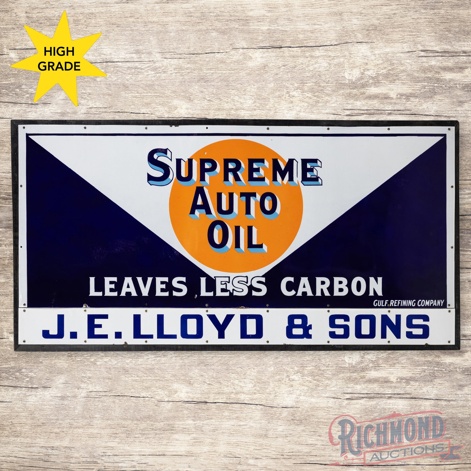 NOS Gulf Refining Co. Supreme Auto Oil "Leaves Less Carbon" Single Sided Porcelain Sign: SSP (single sided porcelain) two-piece sign with the original wooden frame and shipping label has day one color and gloss. The upper "Supreme Auto Oil" sign has minor factory blemishes in the field an