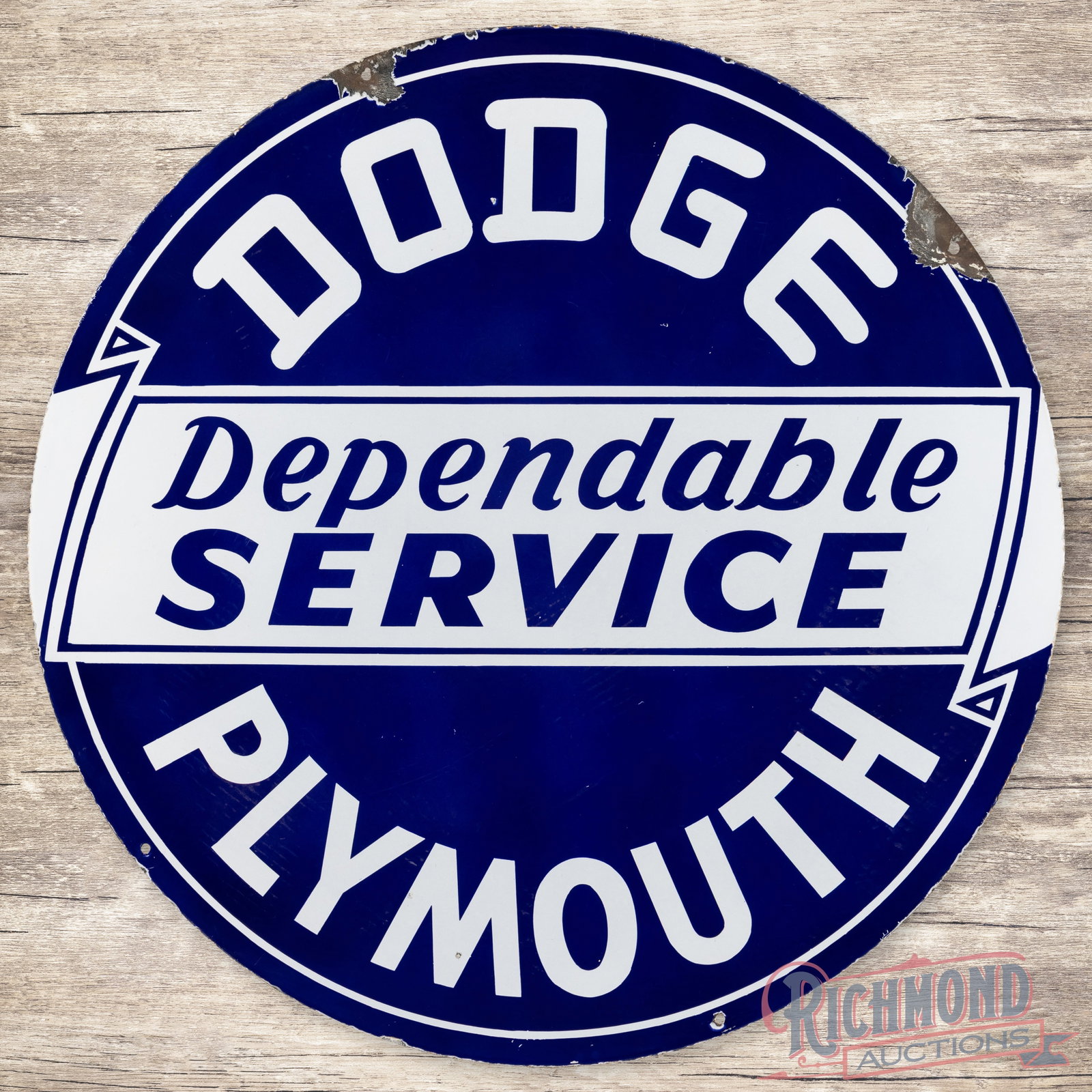 Dodge Plymouth Dependable Service 42" Double Sided Porcelain Sign: DSP (double sided porcelain) sign has excellent color and gloss. The display has light wear with tiny flea bites in the field and additional small chips in the outer fields. The perimeter has larger c