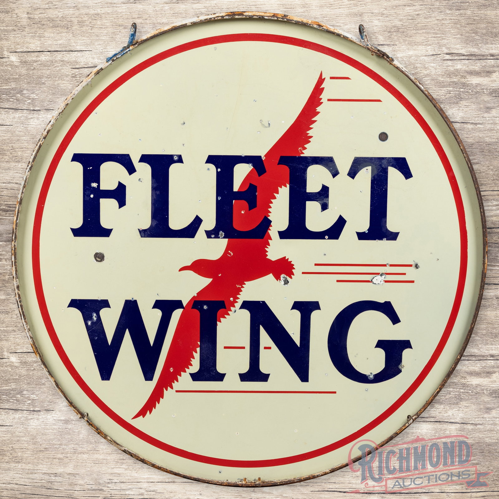 Fleet Wing Gasoline 4' Double Sided Porcelain Sign w/ Large Bird Logo & Original Ring: DSP (double sided porcelain) sign with the factory ring has good color rand gloss. Side #1 has areas of surface wear with chips in the fields. The perimeter has a few minor chips along the outer edges