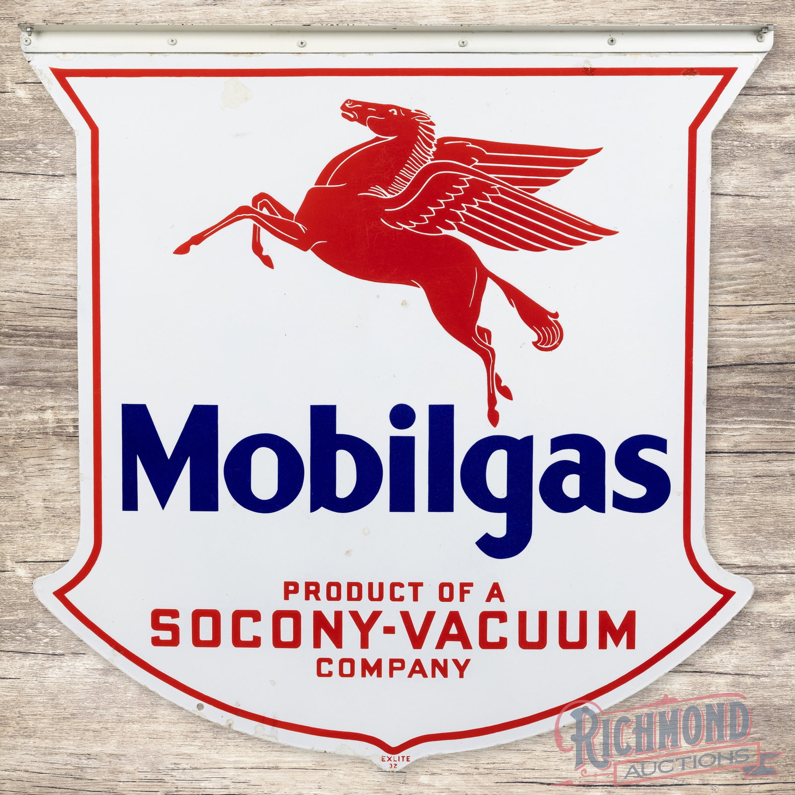 1932 Mobilgas Socony Vacuum 4' Double Sided Porcelain Sign w/ Pegasus: DSP (double sided porcelain) die cut sign has excellent color and gloss. Side #1 has light wear with small color-matched chips in the field and larger areas in the outer fields and perimeter. The reve