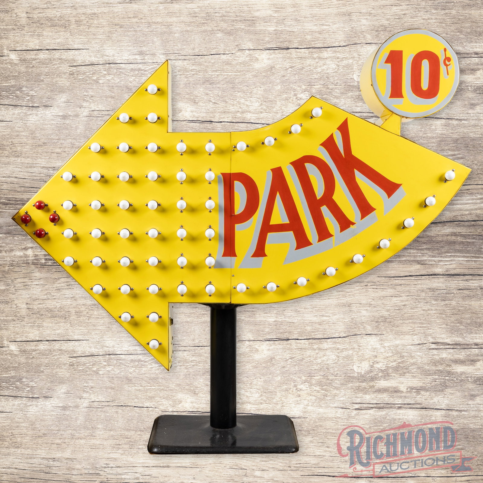 Park 10 Cents Double Sided Tin Direction Arrow Sign w/ Chaser Light Bulbs: DST (double sided tin) sign with chaser light bulbs and a metal can has been mounted on a steel base. The sign has been professionally restored and features vibrant yellow paint with high gloss and dr