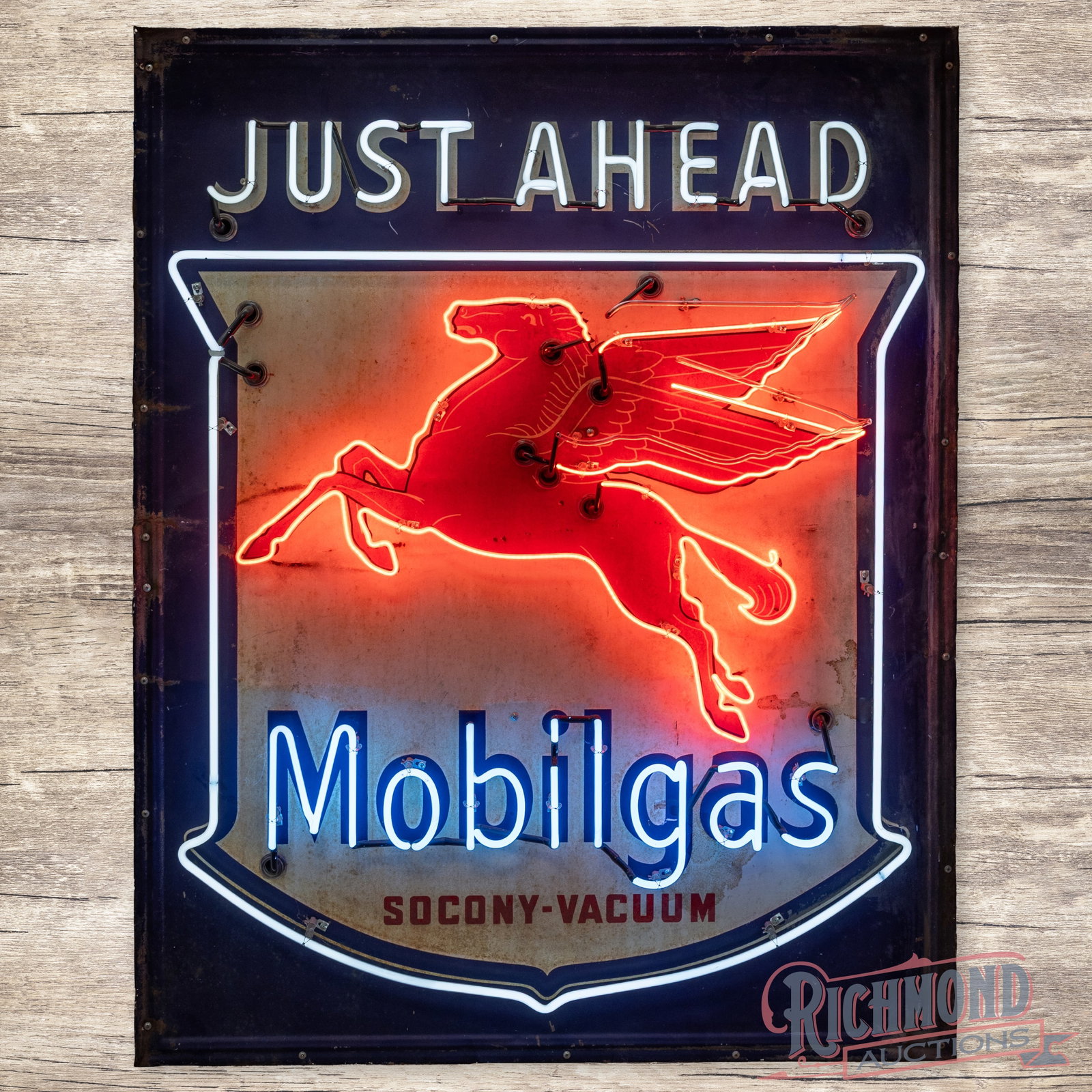 Mobilgas Just Ahead Socony Vacuum Emb. 5' Single Sided Tin Neon Sign w/ Pegasus (1 of 4)