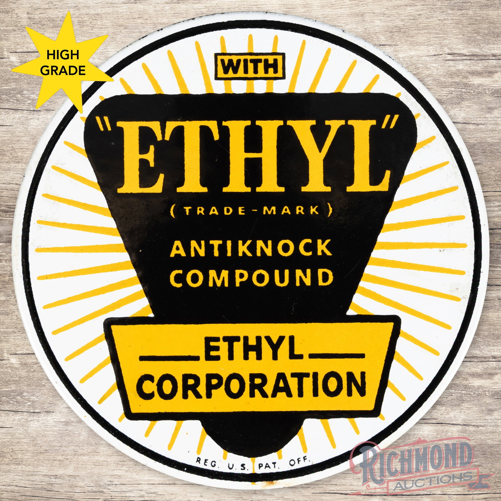 Ethyl Gasoline Corporation 3" Single Sided Porcelain Pump Logo Sign: SSP (single sided porcelain) sign has excellent color and gloss. The field and perimeter are clean with a tiny area of discoloration on the lower edge at 6 o'clock. 3" H. Condition: 9.5 All items are 