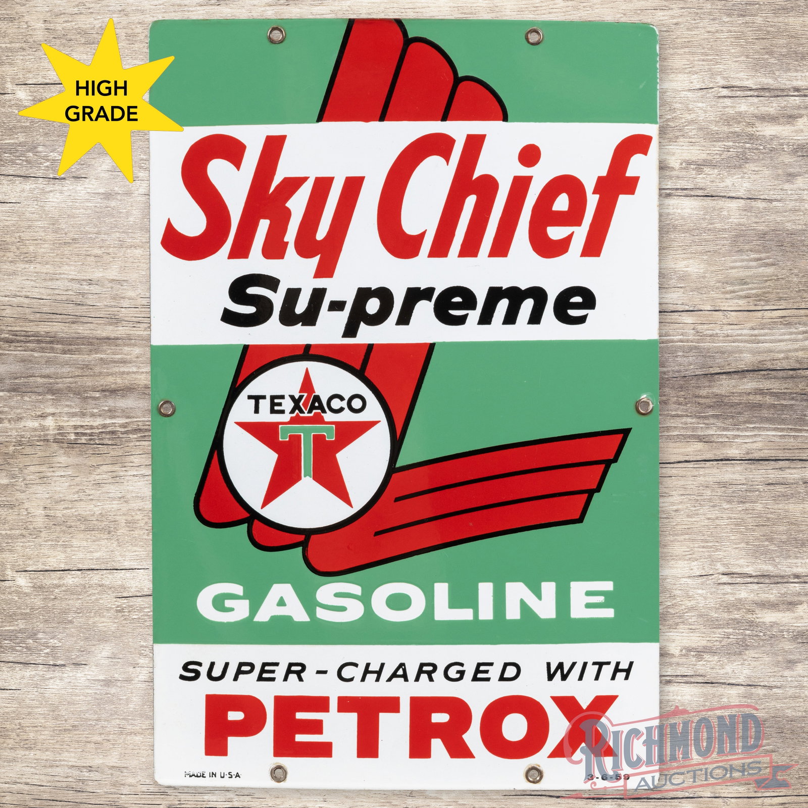1959 Texaco Sky Chief Supreme w/ Petrox Single Sided Porcelain Pump Plate Sign: SSP (single sided porcelain) pump plate has excellent color and gloss. The fields are clean with a few minor surface imperfections. The perimeter has a tiny nick above the right center mount hole with