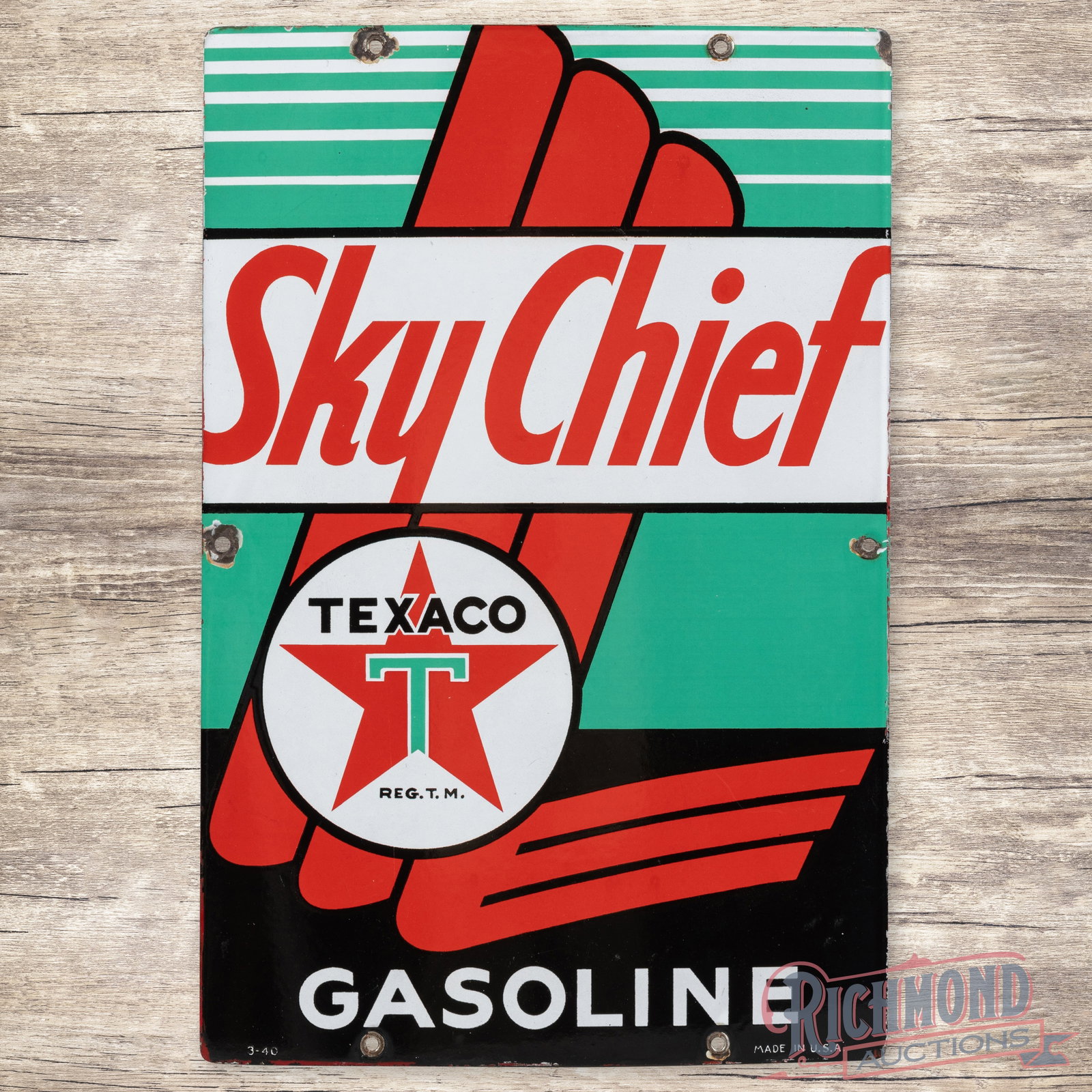 1940 Texaco Sky Chief Gasoline Single Sided Porcelain Pump Plate Sign: SSP (single sided porcelain) pump plate has excellent color and gloss. The display is clean. The perimeter has chips at some of the mounting holes, edge chips and errant red paint along the outer edge