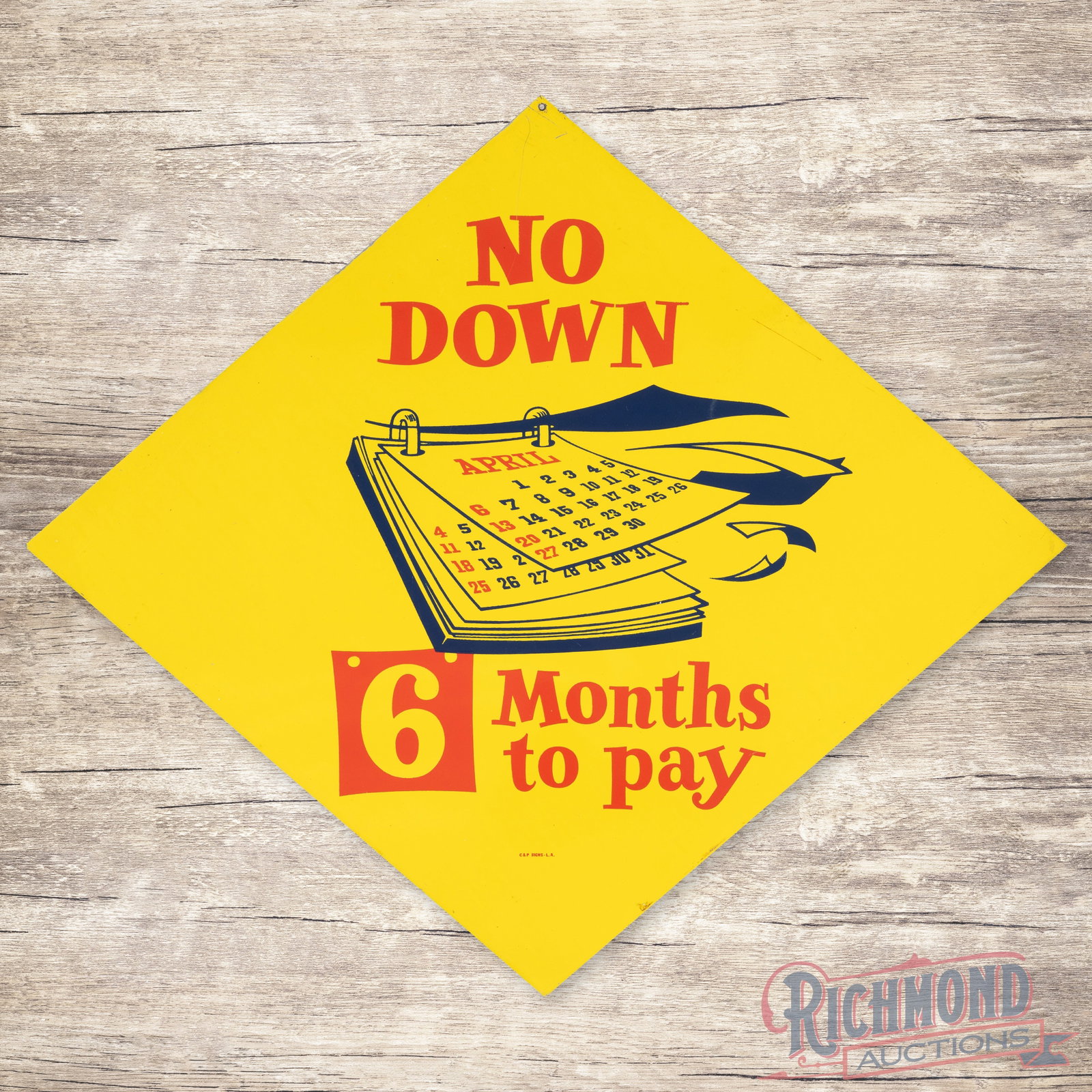 Stop Don't Press Your Luck No Down Six Months to Pay Double Sided Tin Sign w/ Shark & Diver: DST (double sided tin) die cut sign has excellent color and shine. The display with shark and diver graphic is very clean overall with a minor bend in the left field and a small scratch in the right f