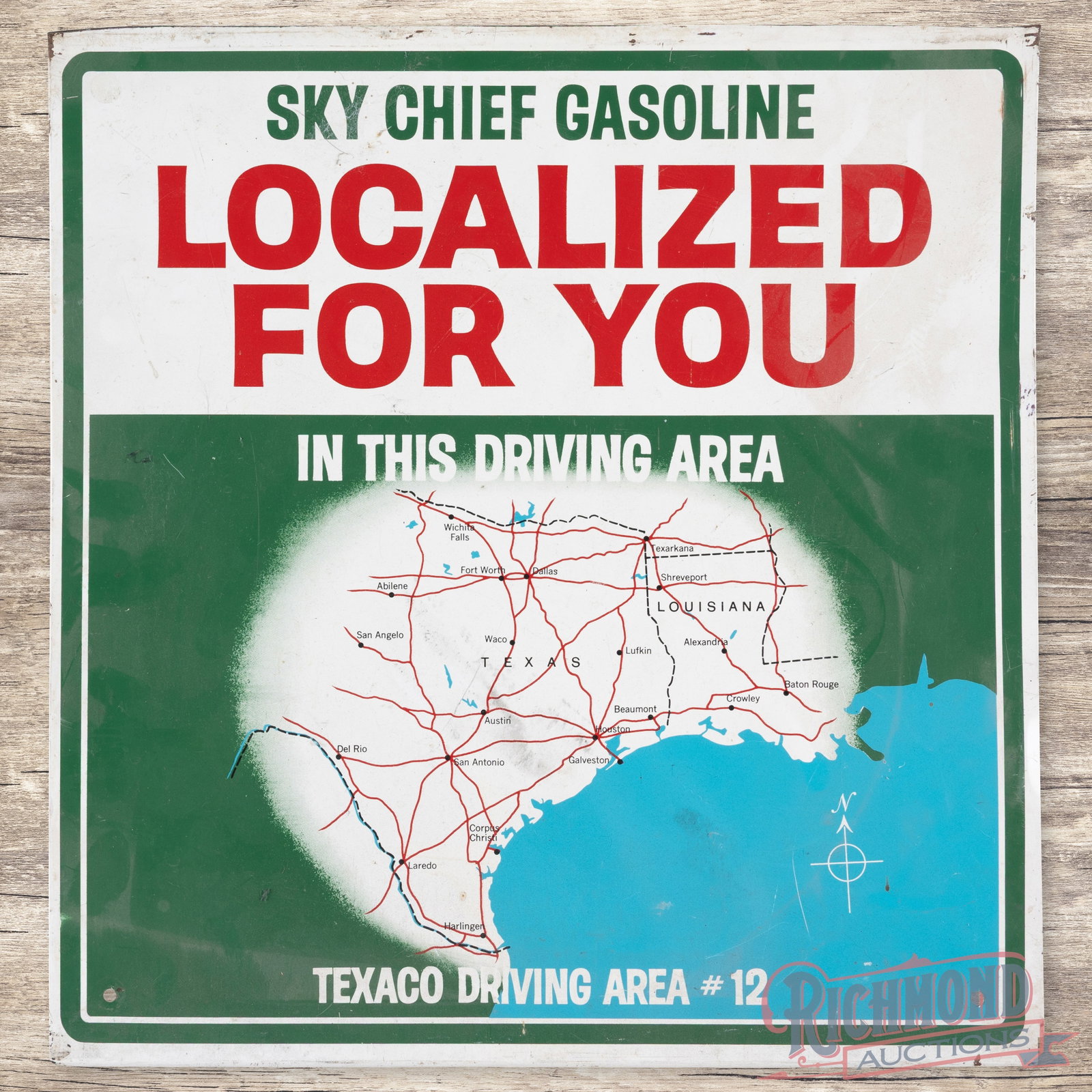 Texaco Localized For You Single Sided Tin Rack Sign: Texaco localized for you SST (single sided tin) rack sign. It has good color and gloss. It shows some wear, paint loss, and the top appears to be trimmed. Overall it displays well. 16.25" H X 15.5" W.