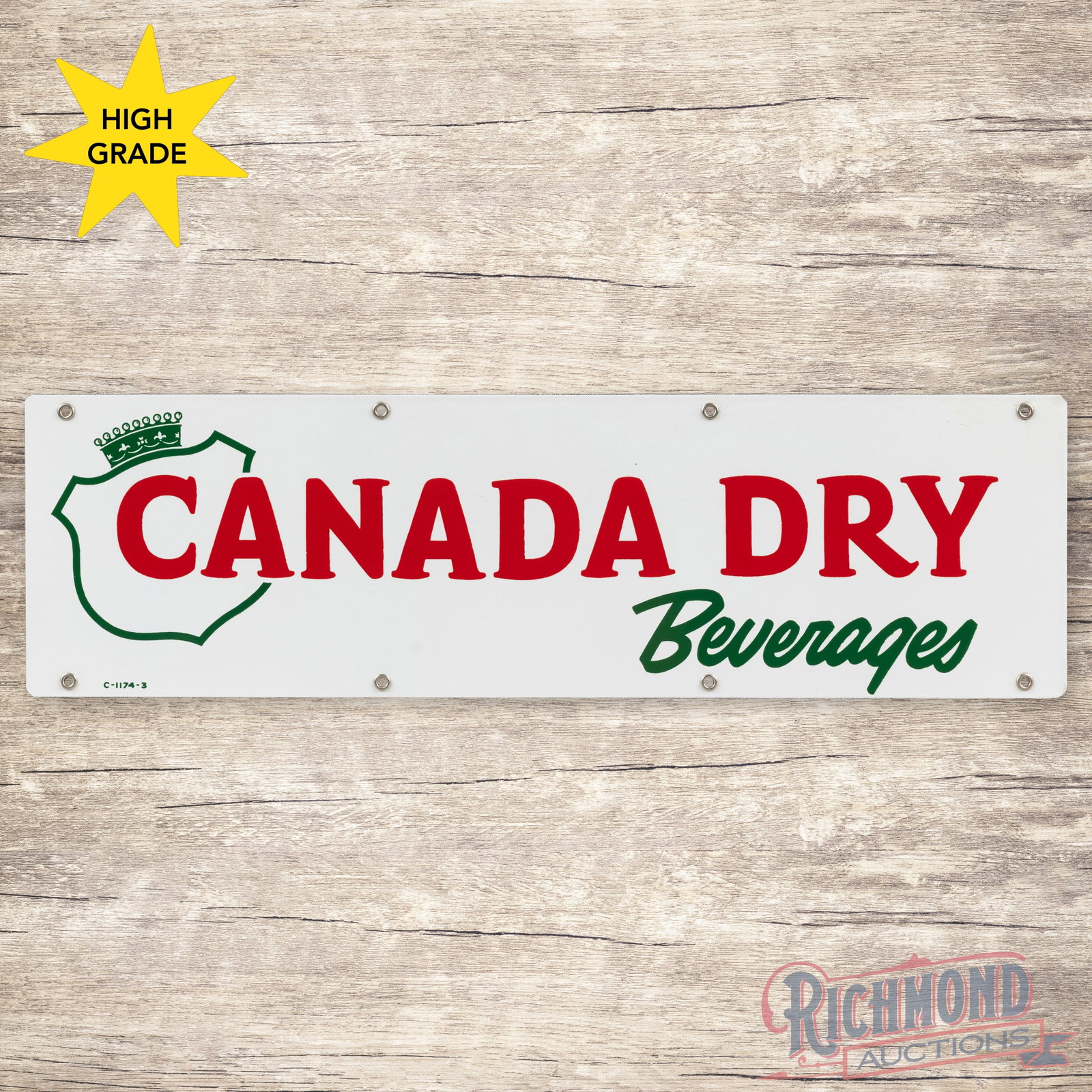 Canada Dry Beverages 24" Single Sided Porcelain Sign: SSP (single sided porcelain) sign has amazing color and gloss. The field and perimeter are clean. All eight factory grommets are present and the sign is marked C-1174-3. 7" H X 24" W. Condition: 9.75 