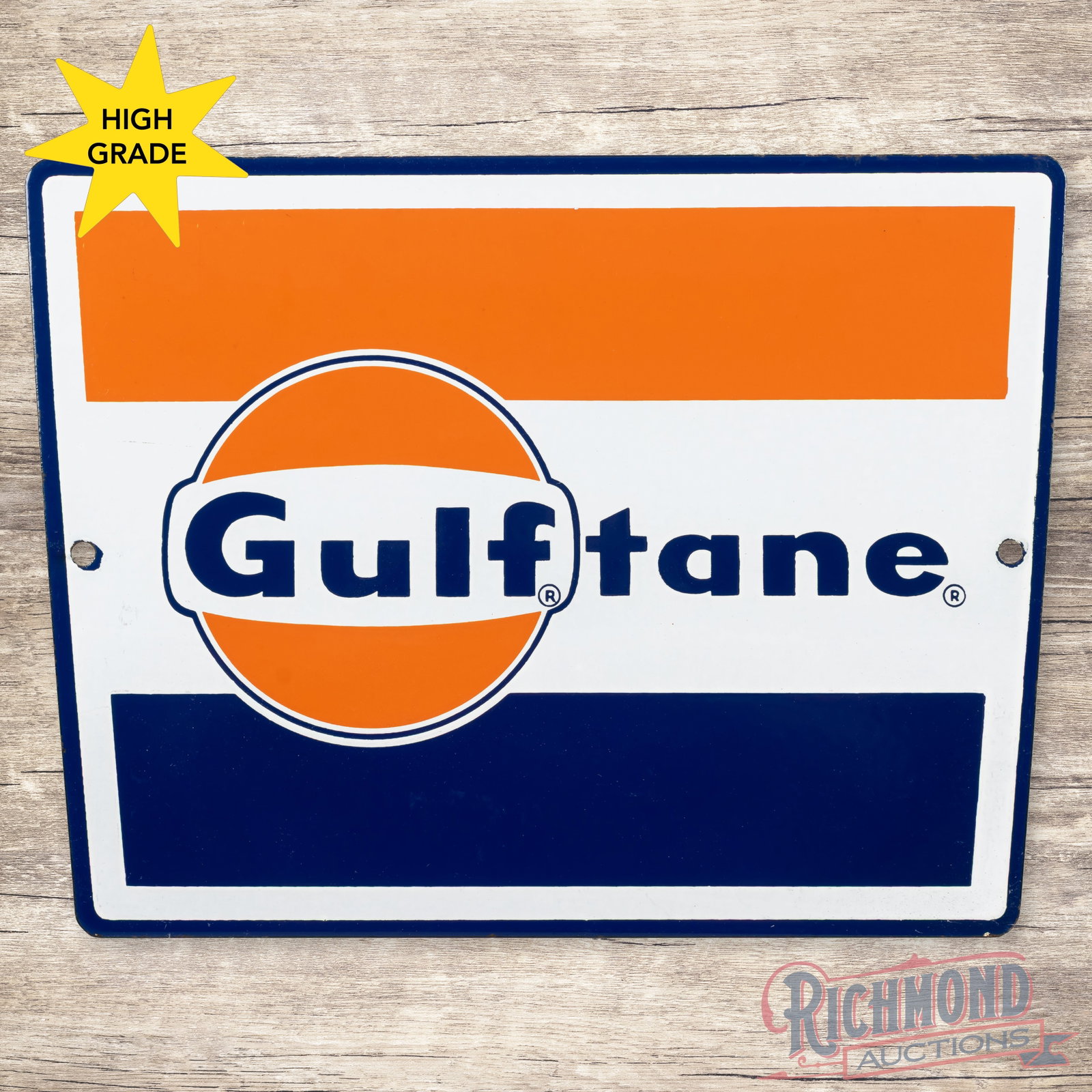 Gulftane Gasoline Single Sided Porcelain Pump Plate Logo Sign: SSP (single sided porcelain) pump sign has excellent color and gloss. The field is clean. The perimeter has a flea bite at the left hand mount hole. Overall an outstanding example. 8.5" H X 11.25" W. 