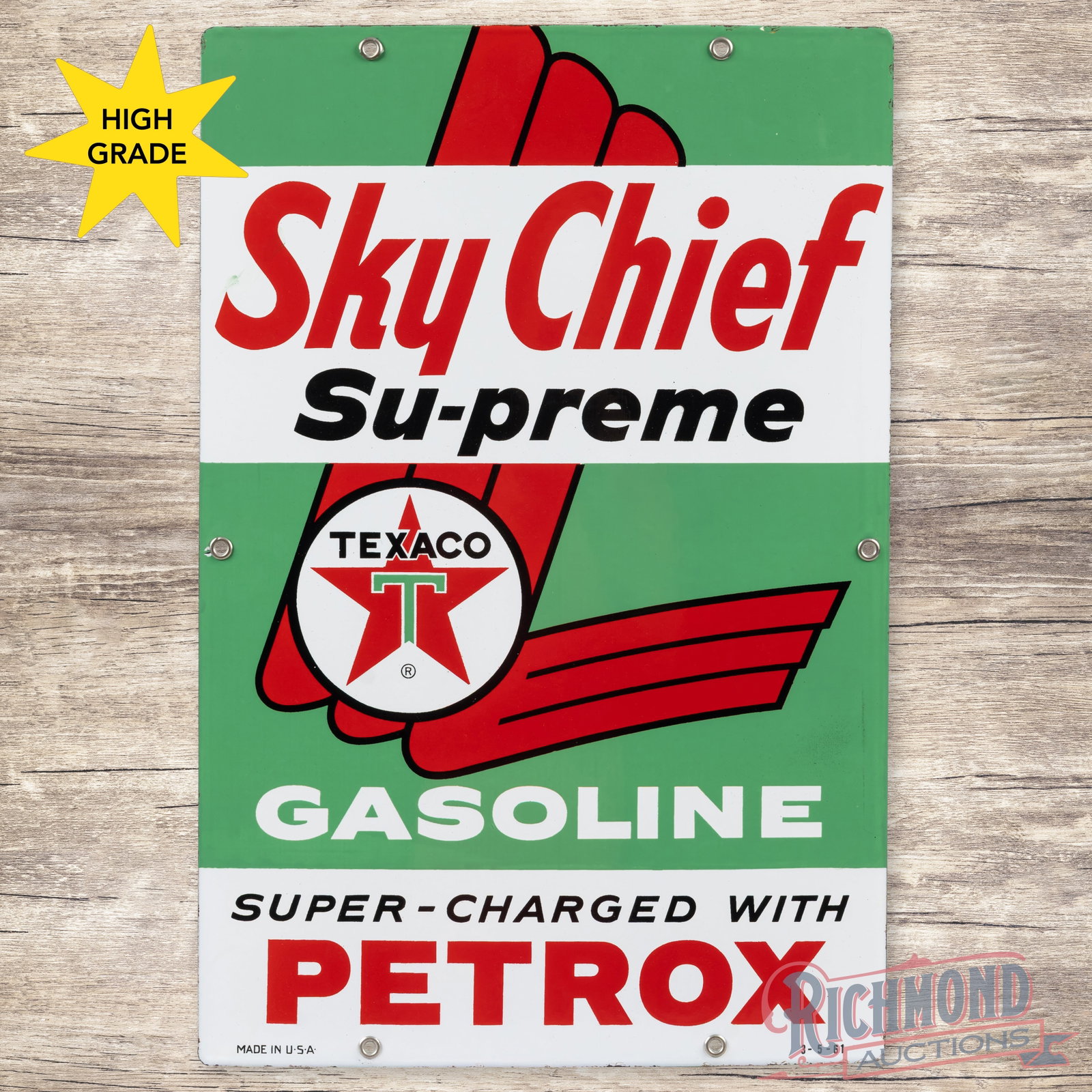 1961 Texaco Sky Chief Supreme Petrox Gasoline Single Sided Porcelain Pump Plate Sign: SSP (single sided porcelain) pump plate has excellent color and gloss. The field is clean. The perimeter has light wear with minor discoloration and tiny chips. All six factory grommets are present an