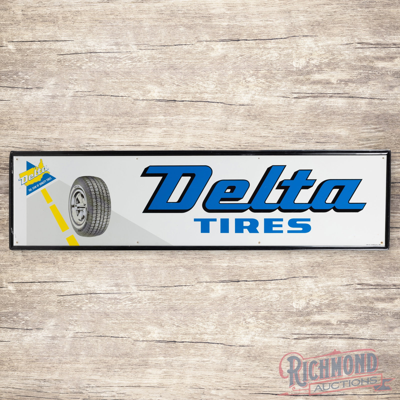 1988 Delta Tires "The Sign of Quality" 5' Single Sided Tin Logo Sign: SST (single sided tin) self-framed sign has excellent color and shine. The display is very clean overall with a few minor fine scratches and small imperfections. The perimeter has light wear at the mo