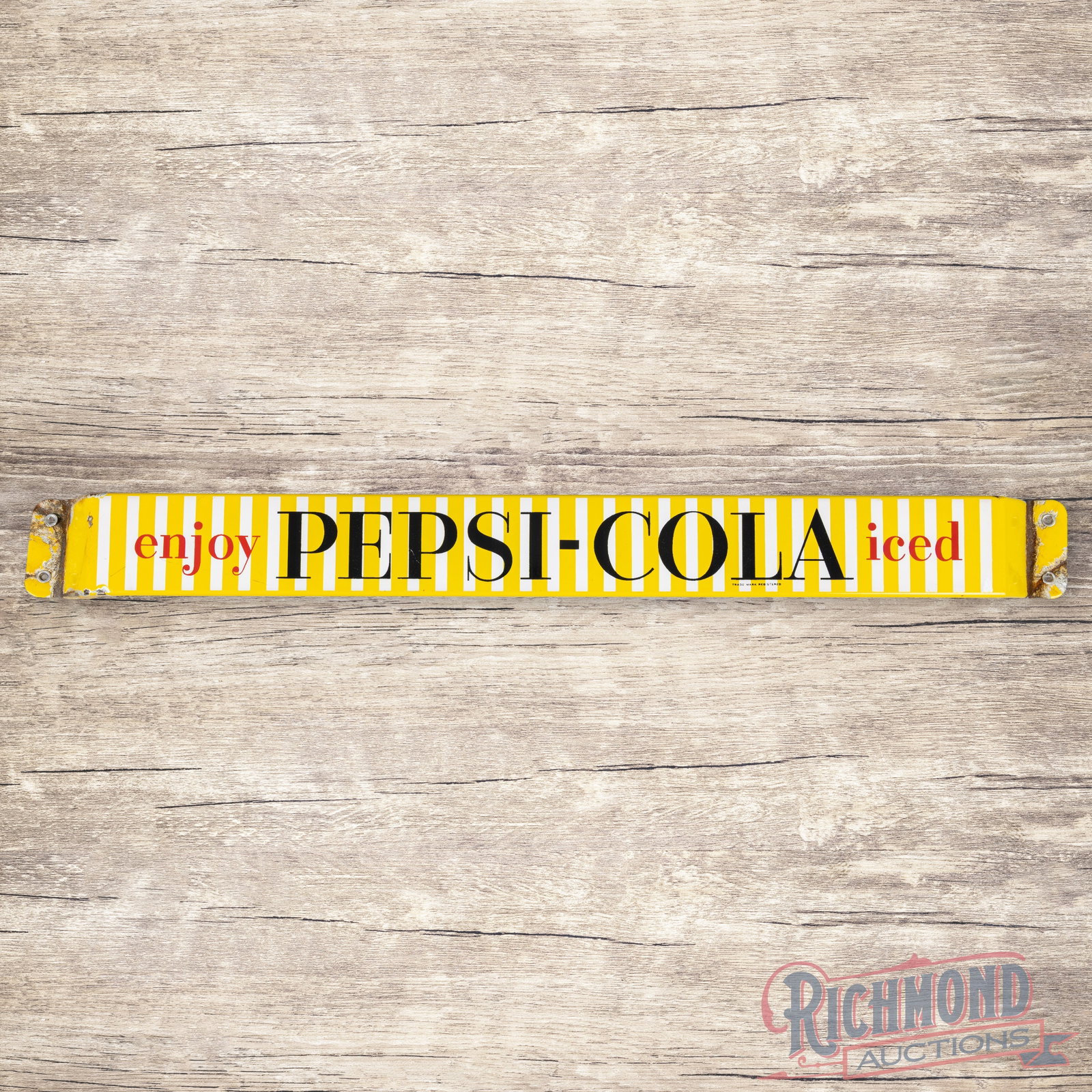 Enjoy Pepsi Cola Iced Double Sided Porcelain Door Push Bar Sign: DSP (double sided porcelain) door push sign has excellent color and gloss. Side #1 has light wear with marks in the left outer fields. The perimeter has chips and bends at the left and right hand moun