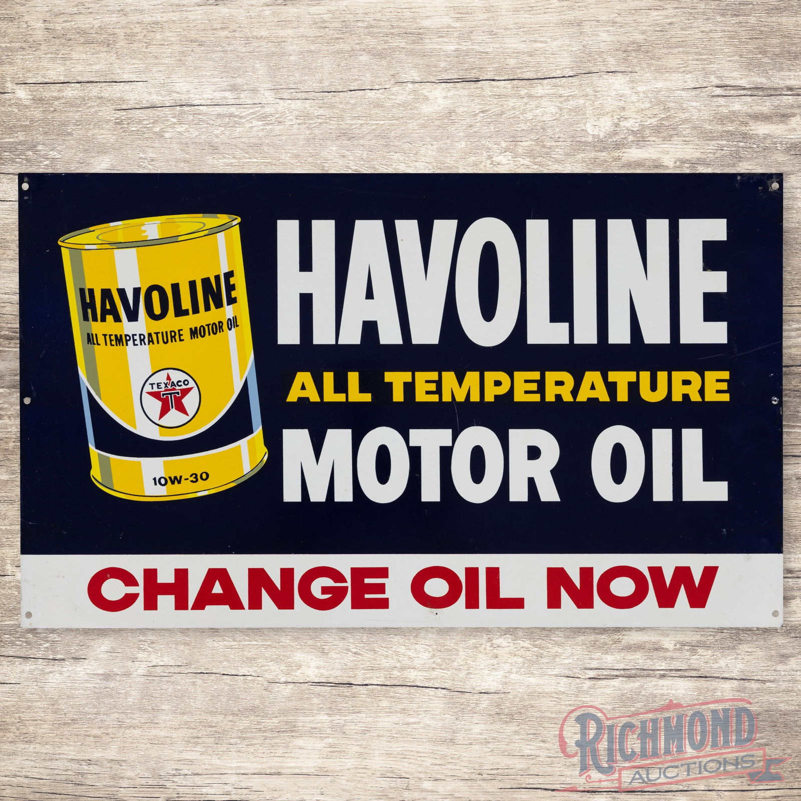 Havoline All Temperature Motor Oil Single Sided Tin Sign w/ Quart Can: SST (single sided tin) sign has excellent color and shine. The display has faint paper marks with a few minor fine scratches in the field. The perimeter has a minor bend on the upper right corner with
