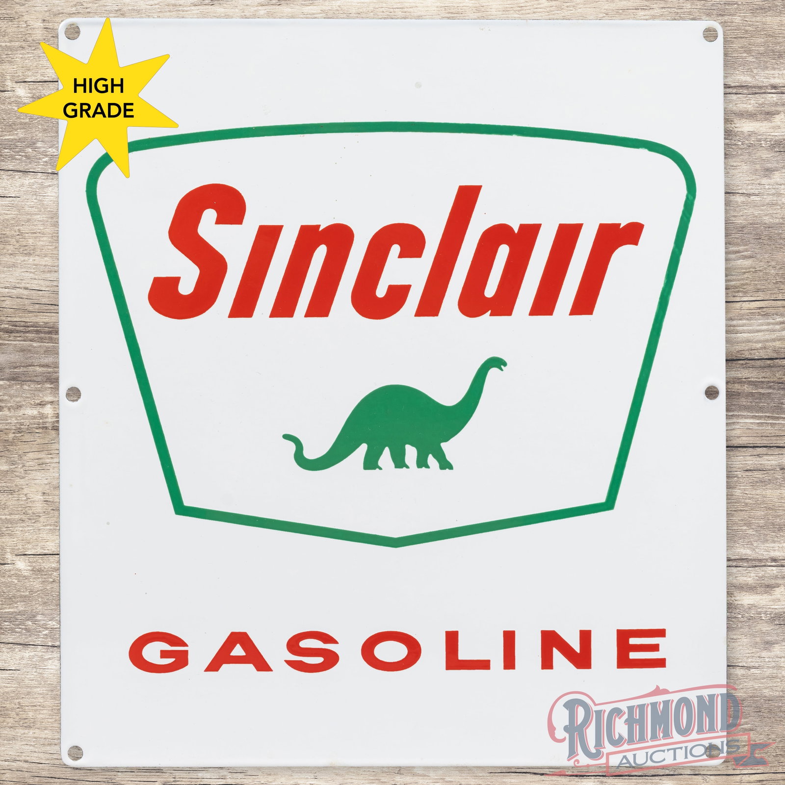 Sinclair Gasoline Single Sided Porcelain Pump Plate Sign w/ Dino: SSP (single sided porcelain) pump plate has excellent color and gloss. The fields are clean with a few minor factory imperfections in the outer fields. Overall a fantastic example. 13.5" H X 12" W. Co
