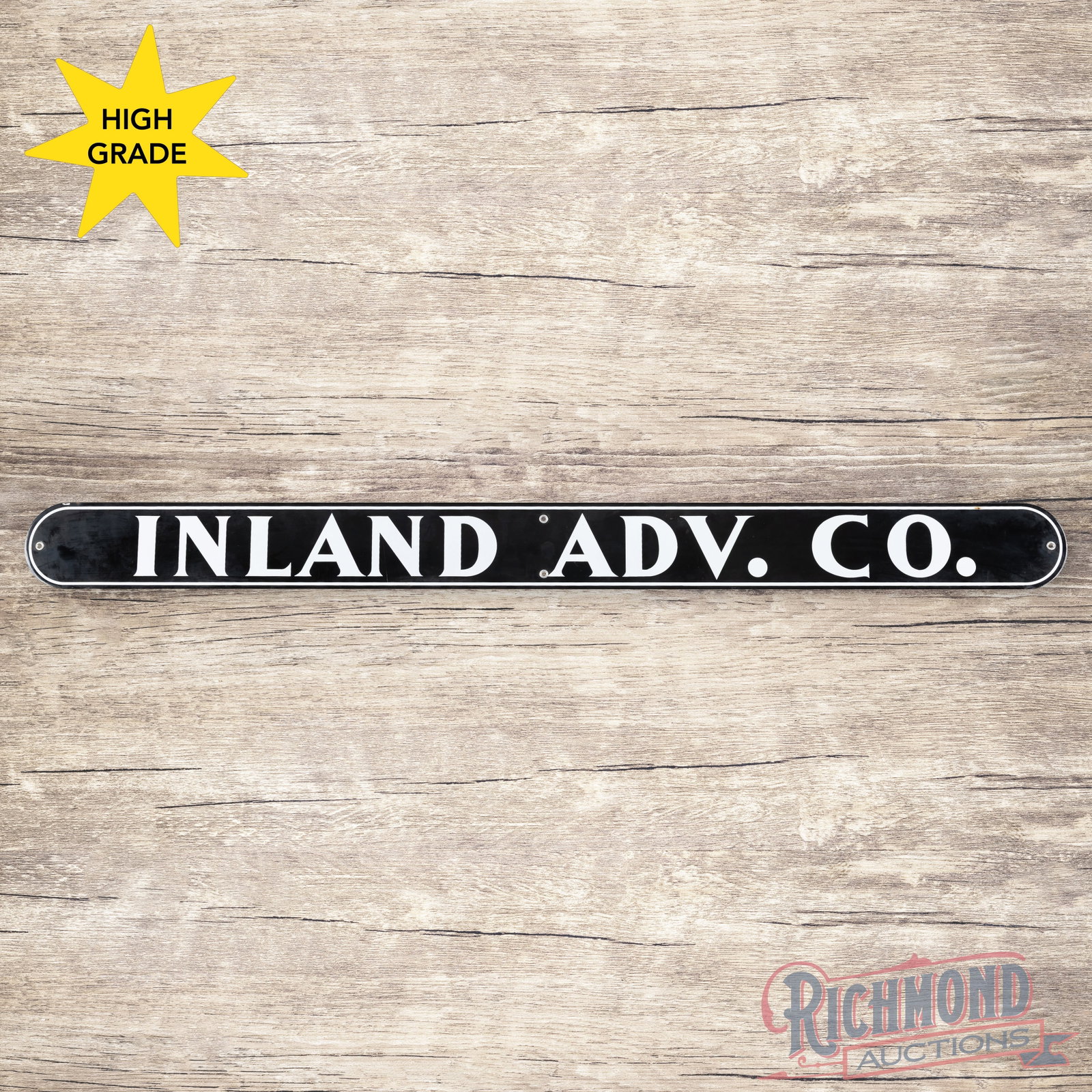 Inland Advertising Company 48" Single Sided Porcelain: SSP (single sided porcelain) sign has excellent color and gloss. The fields are clean with a light fine scratch in the lower left outer field. The perimeter has a few tiny chips along the outer edges.