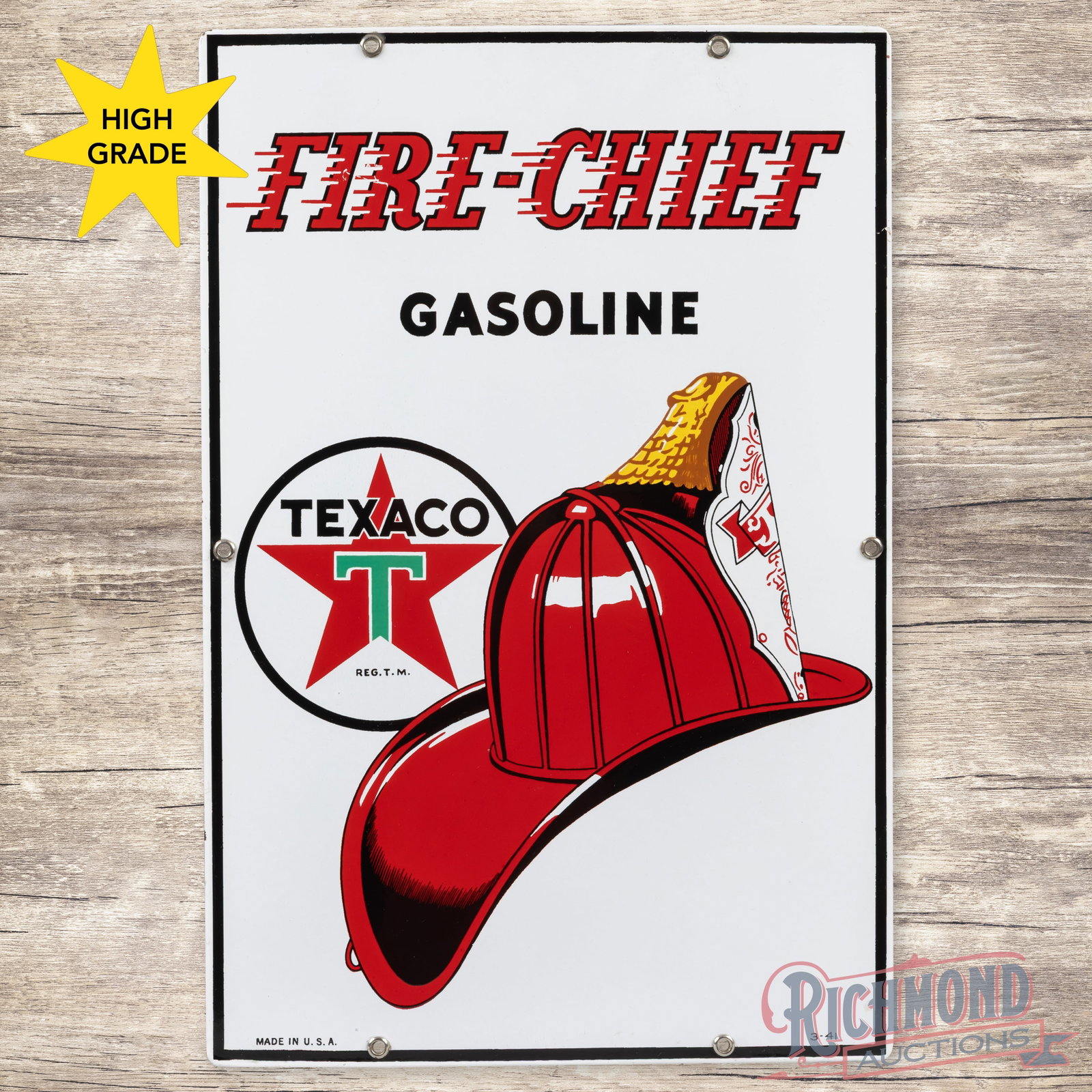 1941 Texaco Fire Chief Gasoline Single Sided Porcelain Pump Plate Sign: SSP (single sided porcelain) sign has day one color and gloss. The display is clean with small factory blemishes in the "Fire" lettering. The perimeter has a few minor chips along the outer edges. All