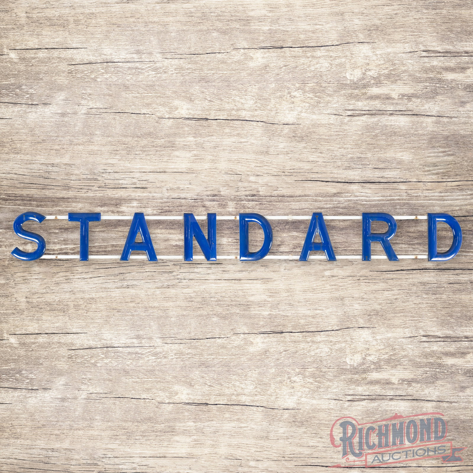 Standard Gasoline Service Station 14' Single Sided Porcelain Convex Letter Sign: SSP (single sided porcelain) convex letter sign with the factory porcelain channel has very good color and gloss. The letters have light wear with small chips and areas of discoloration. The channel h