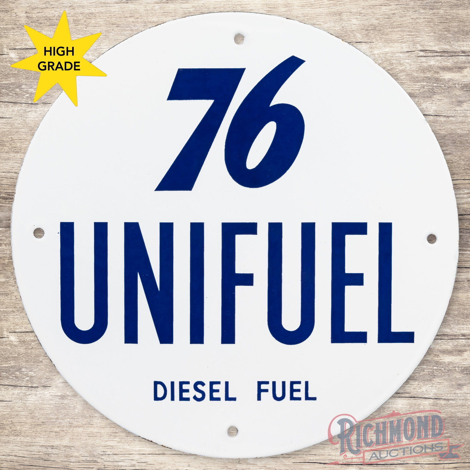 Union 76 Unifuel Diesel Fuel Single Sided Porcelain Pump Plate Sign: SSP (single sided porcelain) pump sign has day one color and gloss. The fields are clean. The perimeter is in a similar condition with minor edge imperfections. All in all a superb example that would 