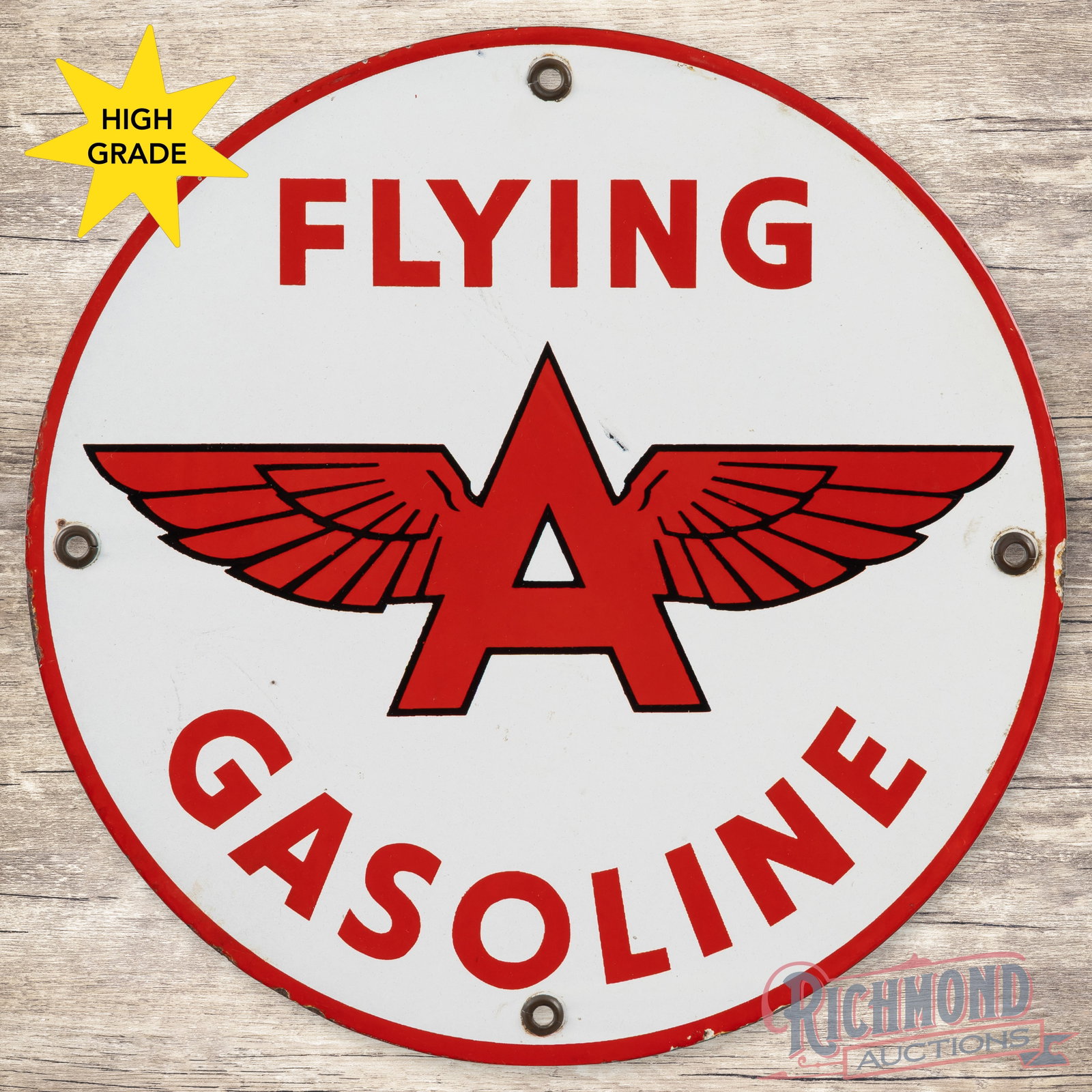 Flying A Gasoline Single Sided Porcelain Pump Plate Sign: SSP (single sided porcelain) pump sign has excellent color and gloss. The display is very clean overall with a small factory blemish on the upper right edge of the logo. The perimeter has light wear a