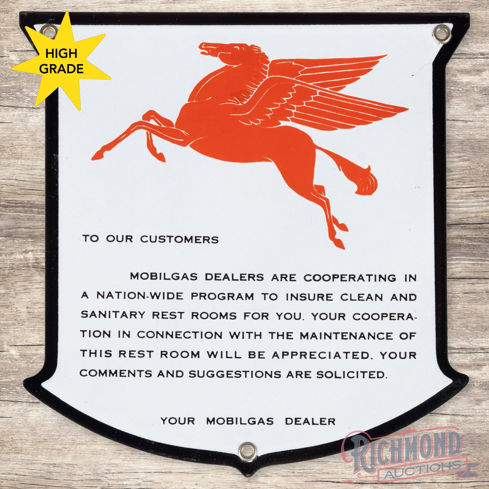 Mobilgas Restroom Pledge Single Sided Porcelain Sign w/ Pegasus "West Coast": SSP (single sided porcelain) die cut sign has excellent color and gloss. The display is exceptionally clean with a minor area of discoloration in the Pegasus graphic. The perimeter has light wear alon