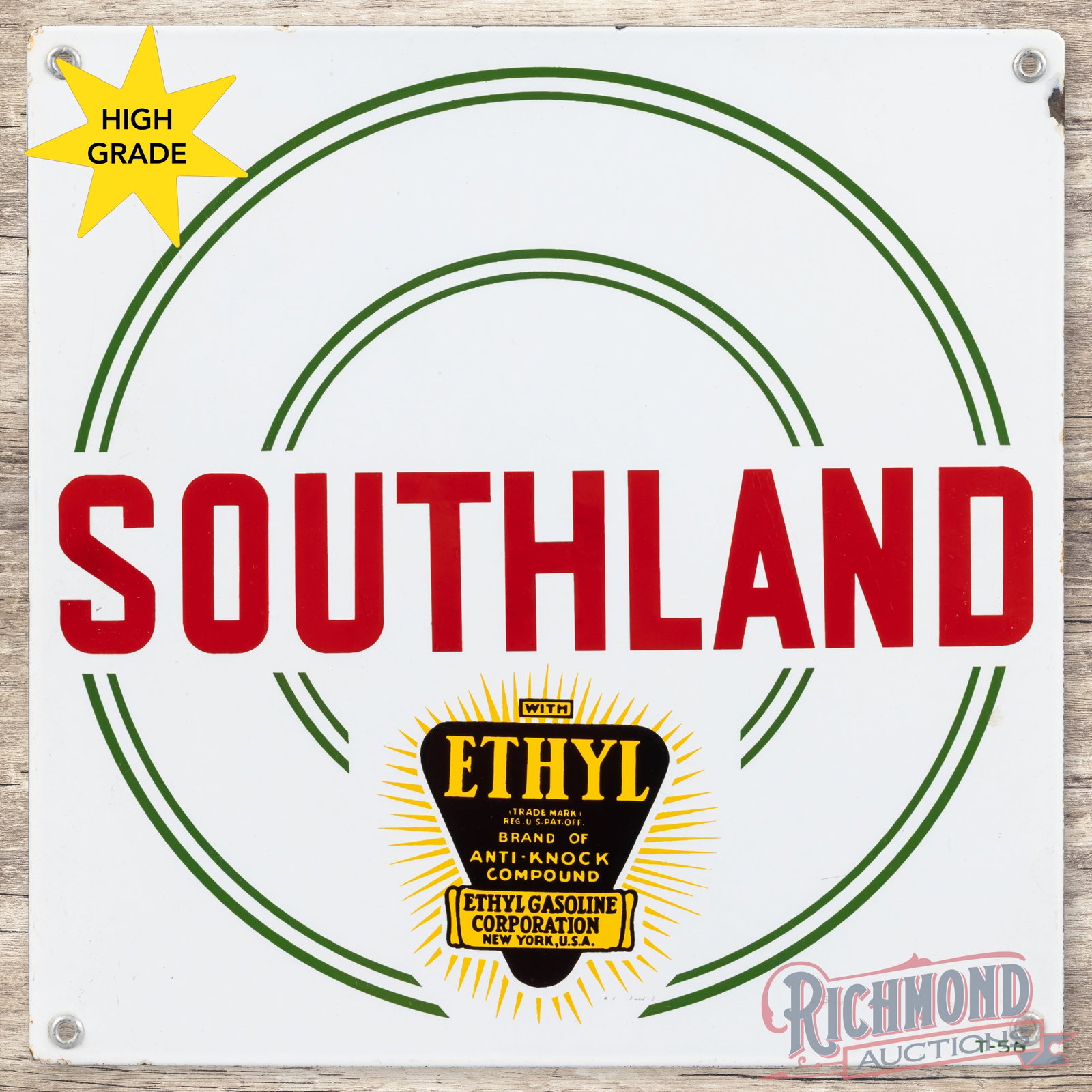 Southland Ethyl Gasoline Single Sided Porcelain Pump Plate Logo Sign: SSP (single sided porcelain) pump sign has excellent color and gloss. The field is clean with minor marks in the lower outer fields. The perimeter has small chips along the outer edges. All four facto