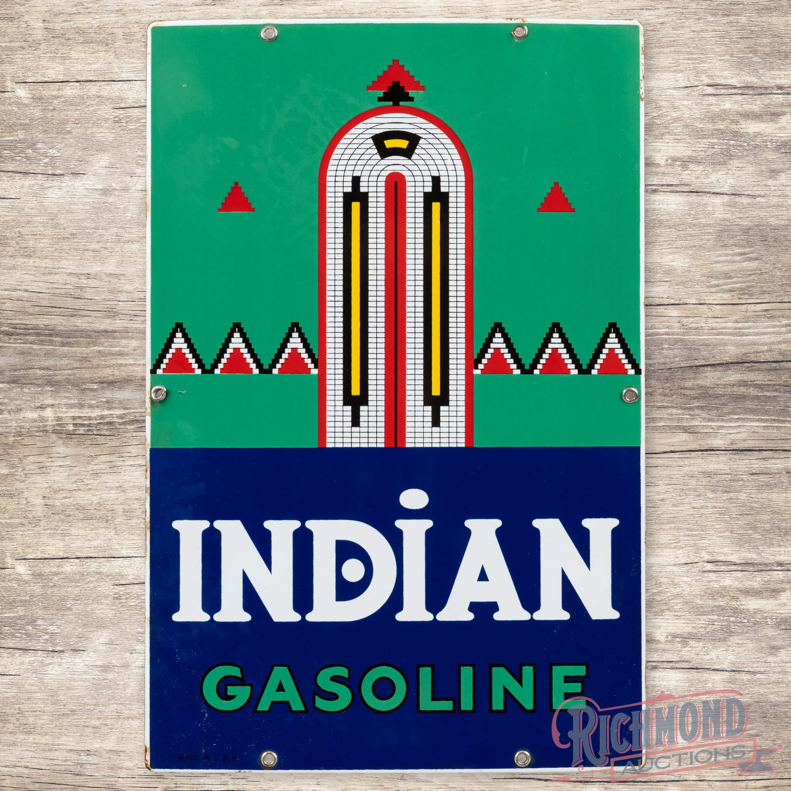 1941 Indian Gasoline Single Sided Porcelain Pump Plate Sign: SSP (single sided porcelain) pump sign has very good color and gloss. The display has a tiny flea bite in the upper field with areas of faint cloudiness. The perimeter has a small nick at the left han