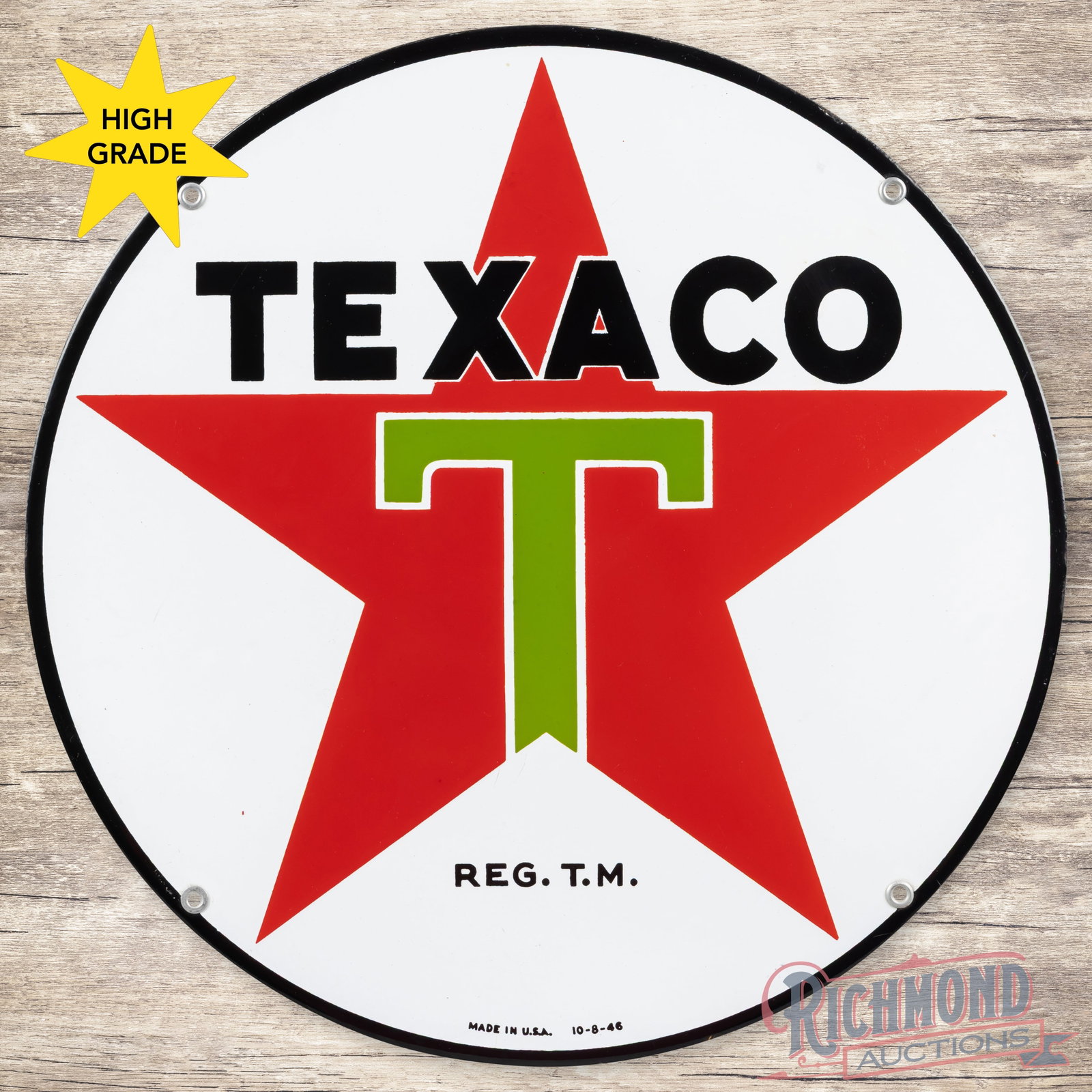 1946 Texaco Motor Oils Gasoline 15" Single Sided Porcelain Logo Sign: SSP (single sided porcelain) sign has day one color and gloss. The fields are clean. The perimeter has tiny chips along the outer edges. All four factory grommets are present and the sign is marked Ma