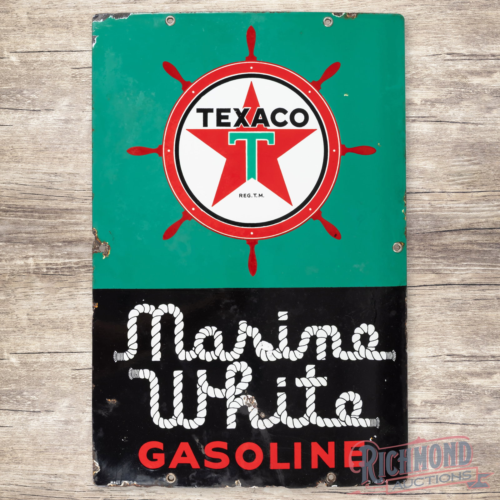 1954 Texaco Marine White Gasoline Single Sided Porcelain Pump Plate Sign w/ Ships Wheel: SSP (single sided porcelain) pump sign has very good color. The display has chips in the lower and outer fields with areas of cloudiness. The perimeter has edge wear with chips and metal loss. Five fa