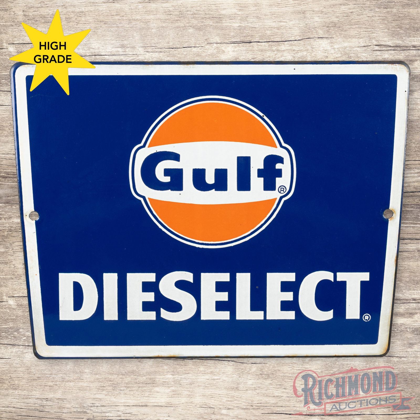 Gulf Dieselect Single Sided Porcelain Gas Pump Plate Sign w/ logo: SSP (single sided porcelain) pump plate has very good color and gloss. The display has tiny factory blemishes and minor surface wear. The perimeter has toning along the outer edges. Overall a clean ex