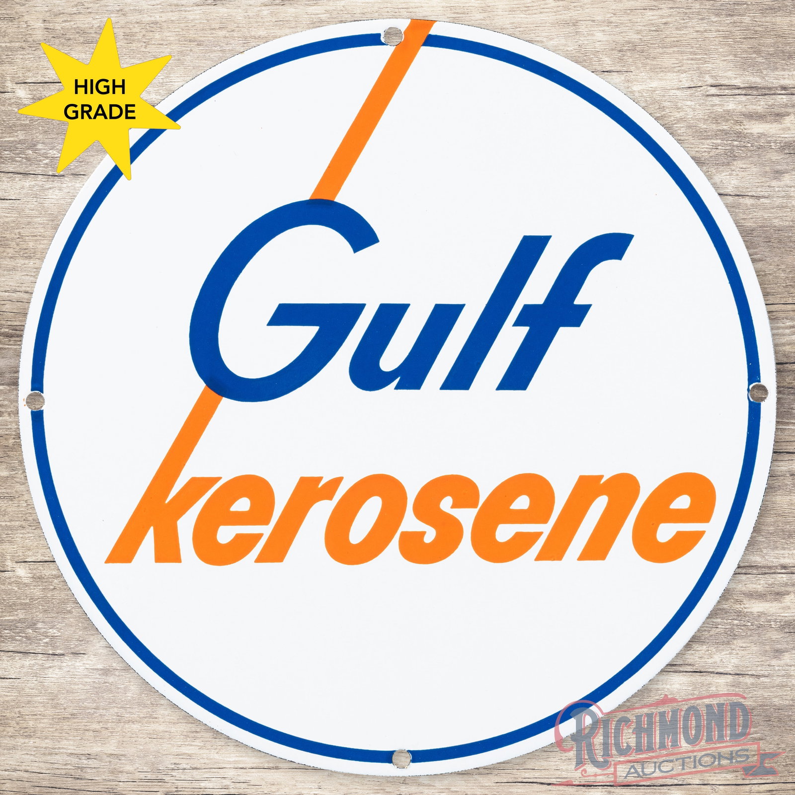 NOS Gulf Kerosene Single Sided Porcelain Gas Pump Plate Sign: SSP (single sided porcelain) sign has day one color and gloss. The field and perimeter are both in outstanding condition. Overall an exceptional example. 10.5" H. Condition: 9.75 All items are guarant