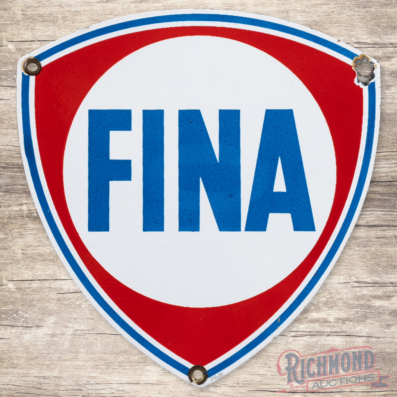 Fine Gasoline Single Sided Porcelain Pump Plate Sign: SSP (single sided porcelain) sign has very good color and gloss. The display is clean with slight discoloration to the blue lettering. The perimeter has a chip at the upper right mounting hole with mi