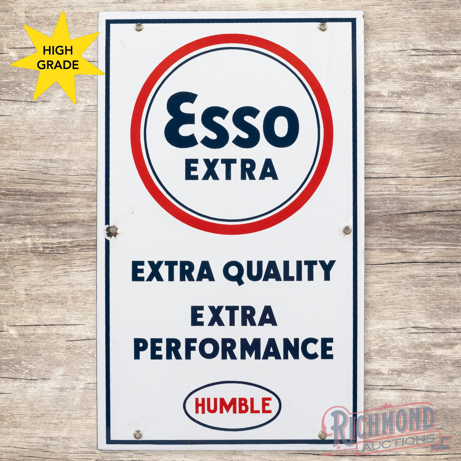 Humble Esso Extra Gasoline Single Sided Porcelain Pump Plate Sign: SSP (single sided porcelain) pump plate has excellent color and gloss. The field is clean with light wear and marks in the outer fields. The perimeter has small bruises with a chip at the left hand mo