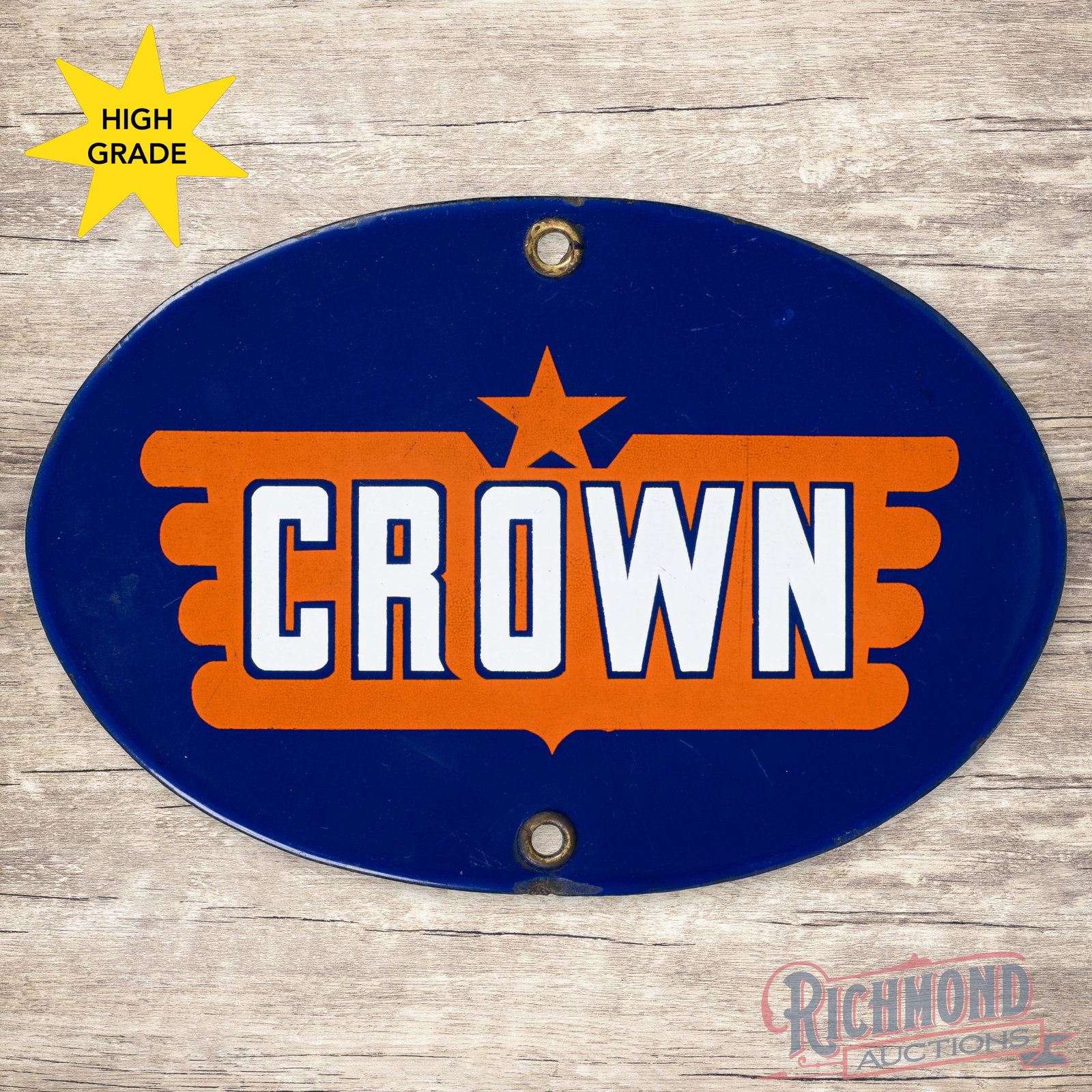 Crown Gasoline 8.5' Single Sided Porcelain Pump Plate Logo Sign: SSP (single sided porcelain) sign has excellent color and gloss. The display has light wear with fine scratches. The perimeter has a small chip on the lower edge at 6 o'clock. Both factory grommets ar