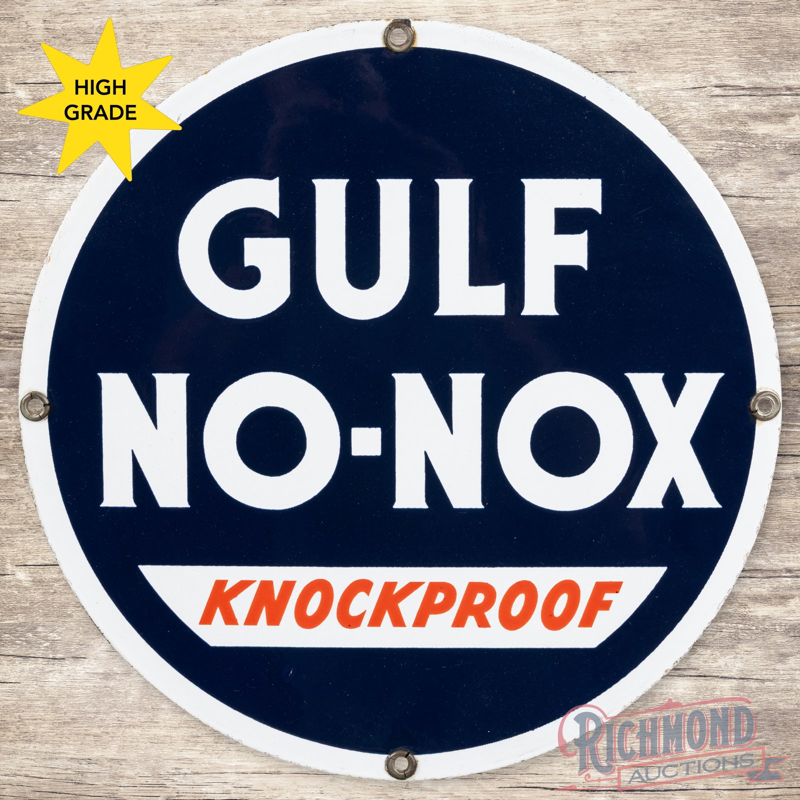 Gulf No-Nox Knockproof Gasoline Single Sided Porcelain Pump Plate Sign: SSP (single sided porcelain) pump plate has excellent color and gloss. The fields are clean with minor surface imperfections. The perimeter has light edge wear with a tiny chip above the upper mountin