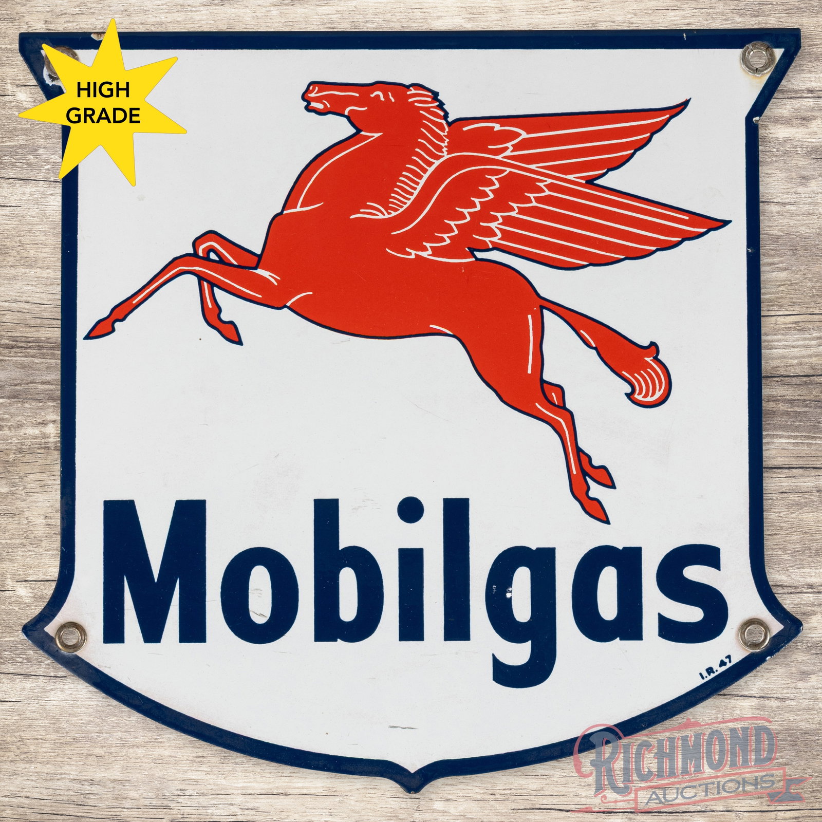 1947 Mobilgas Single Sided Porcelain Pump Plate Sign w/ Pegasus: SSP (single sided porcelain) die cut pump plate has very good color and gloss. The field is clean with light wear and marks in the outer fields. The right outer fields and perimeter have faint red ove