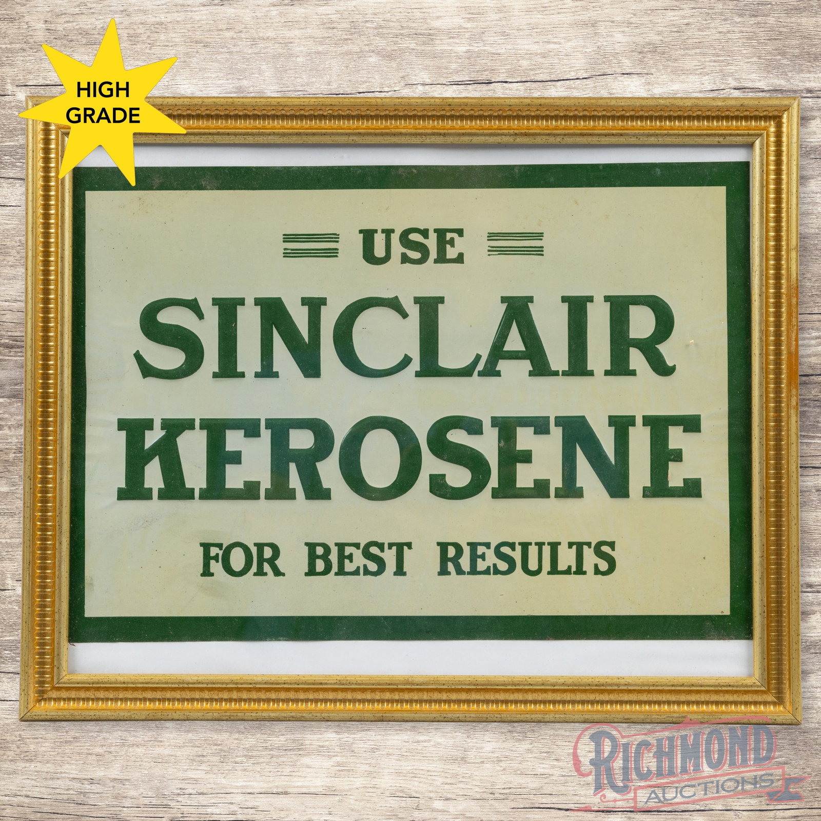 NOS Use Sinclair Kerosene For Best Results Emb. Single Sided Tin Tacker Sign: SST (single sided tin) embossed tacker sign has been framed under glass. The sign has excellent color with paper marks and minor discoloration in the outer fields. The frame and glass are in very good