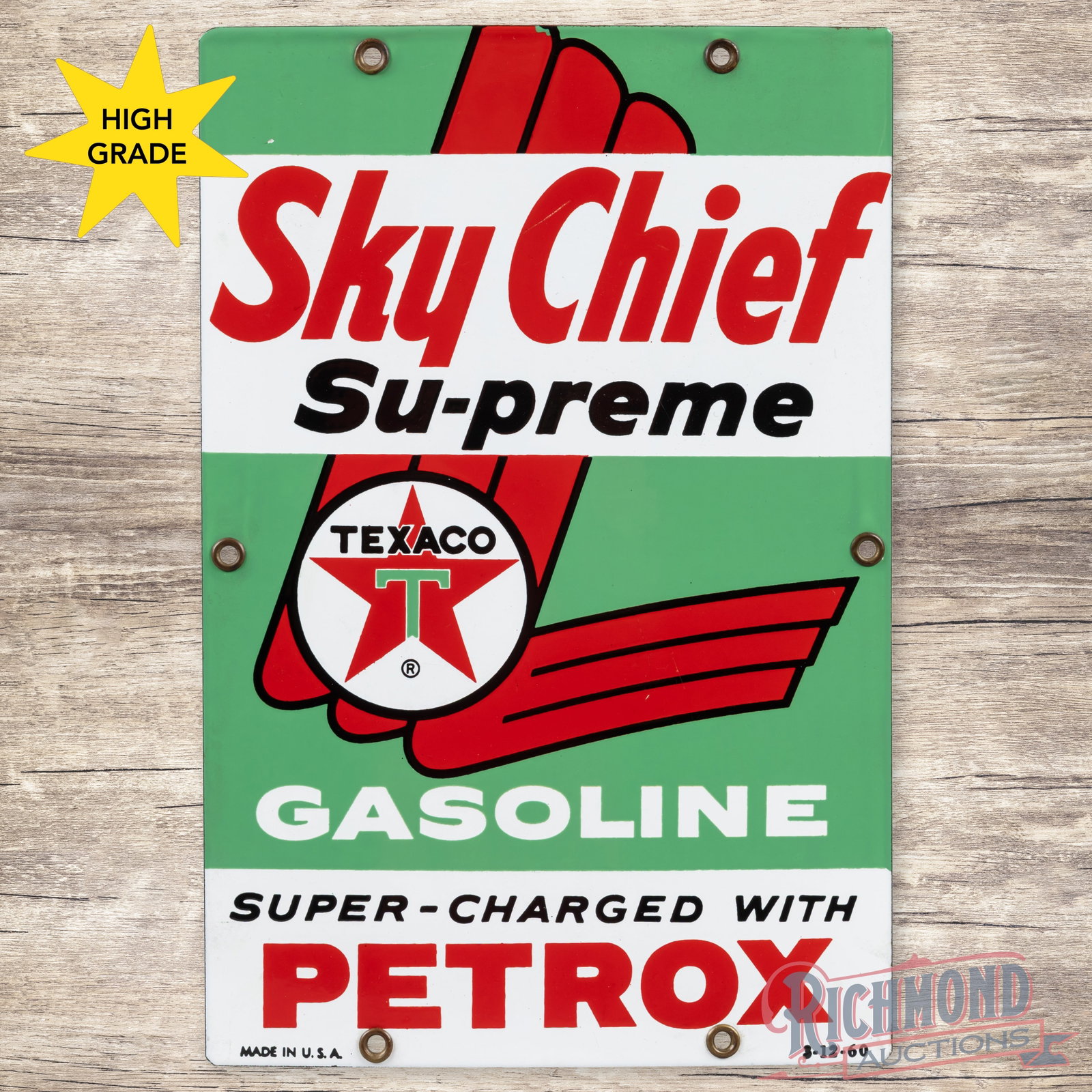 1960 Texaco Sky Chief Supreme Gasoline Single Sided Porcelain Pump Plate Sign "Small": SSP (single sided porcelain) pump plate has excellent color and gloss. The field has light wear with a fine scratch in the "C" of Chief, a few scuffs in the lower right field and a flea bite above the