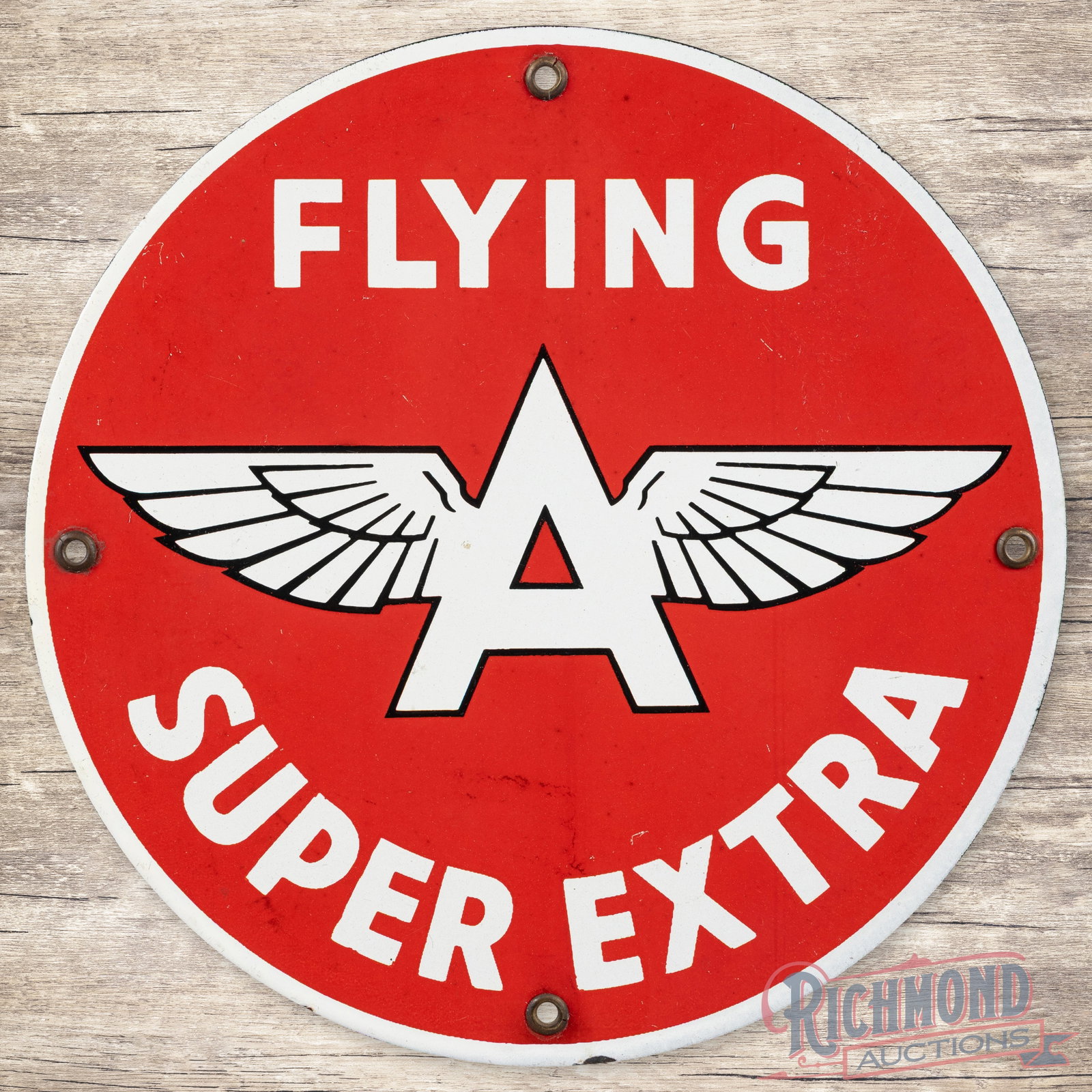 Flying A Super Extra Gasoline Single Sided Porcelain Pump Plate Sign w/ Logo: SSP (single sided porcelain) pump plate has very good color and gloss. The display has light wear, minor discoloration and slight fading to the red porcelain enamel. The perimeter has minor chips alon