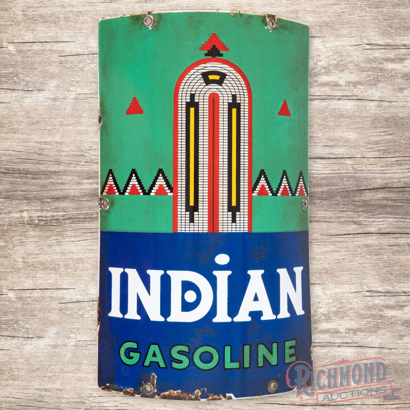 1940 Indian Gasoline Curved Single Sided Porcelain Pump Plate Sign "Small": SSP (single sided porcelain) curved sign has very good color and gloss. The display has light wear with toning throughout. The perimeter has chips with areas of discoloration and oxidation. All six fa