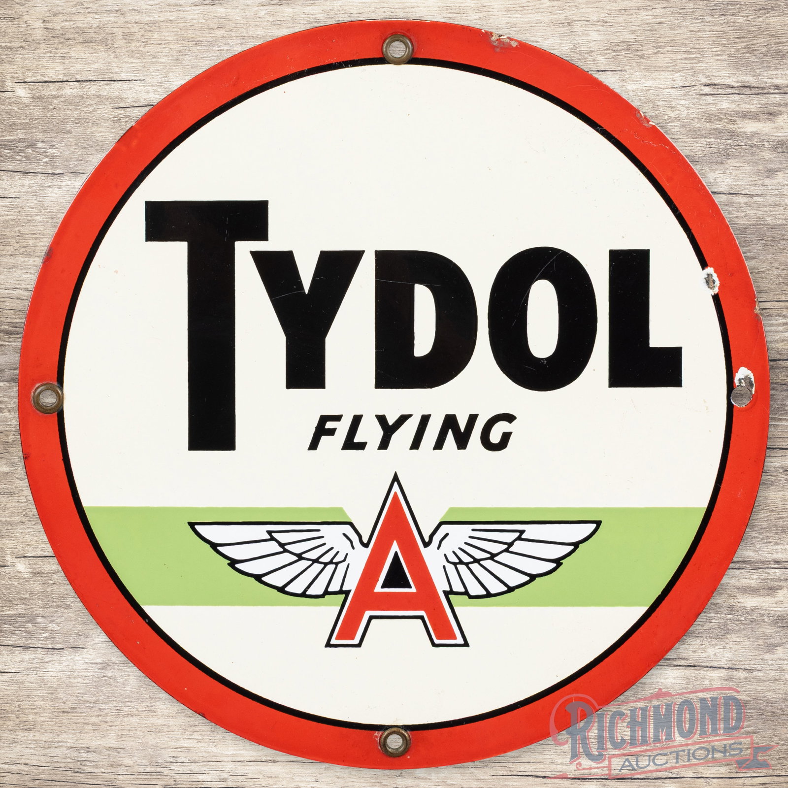 Tydol Flying A Gasoline Single Sided Porcelain Pump Plate Sign w/ Logo: SSP (single sided porcelain) pump plate has excellent color and gloss. The field has light surface wear. The perimeter has chips at the right hand mount hole with other small chips along the outer edg