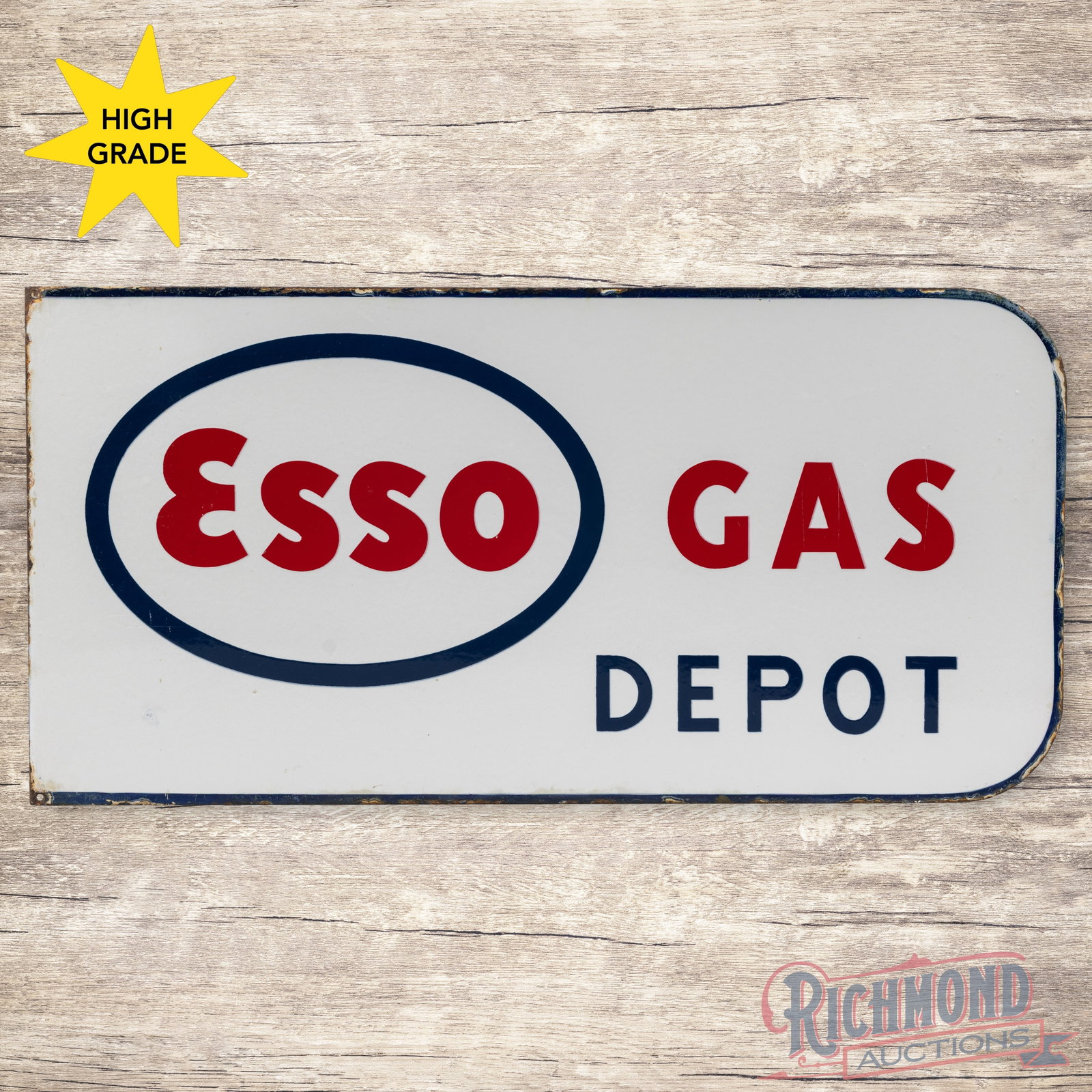 Esso Gas Depot Double Sided Porcelain Logo Flange Sign: DSP (double sided porcelain) flange has excellent color and gloss. Side #1 has light surface wear with chips along the outer edges. The reverse is in a similar condition with an area of discoloration 